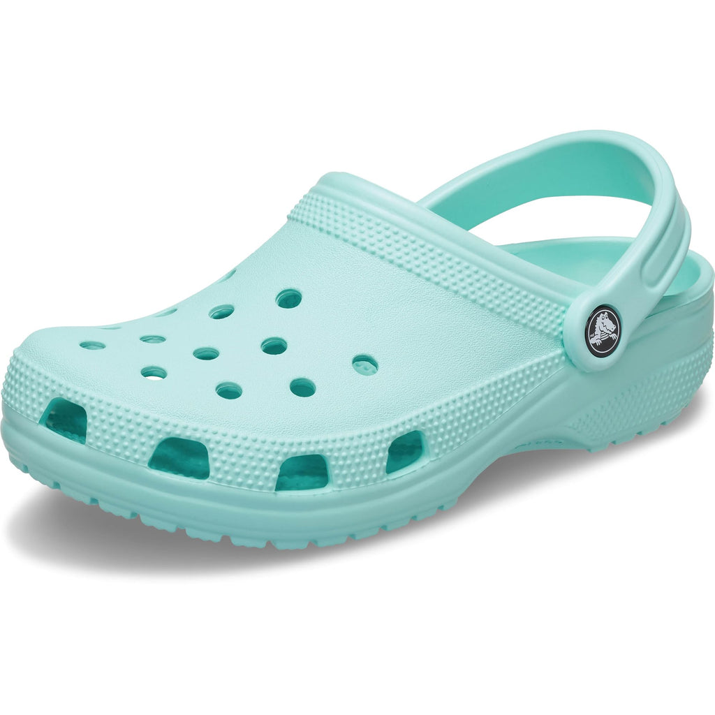 Classic clog viewed from a low angle, emphasising the chunky sole and perforated upper