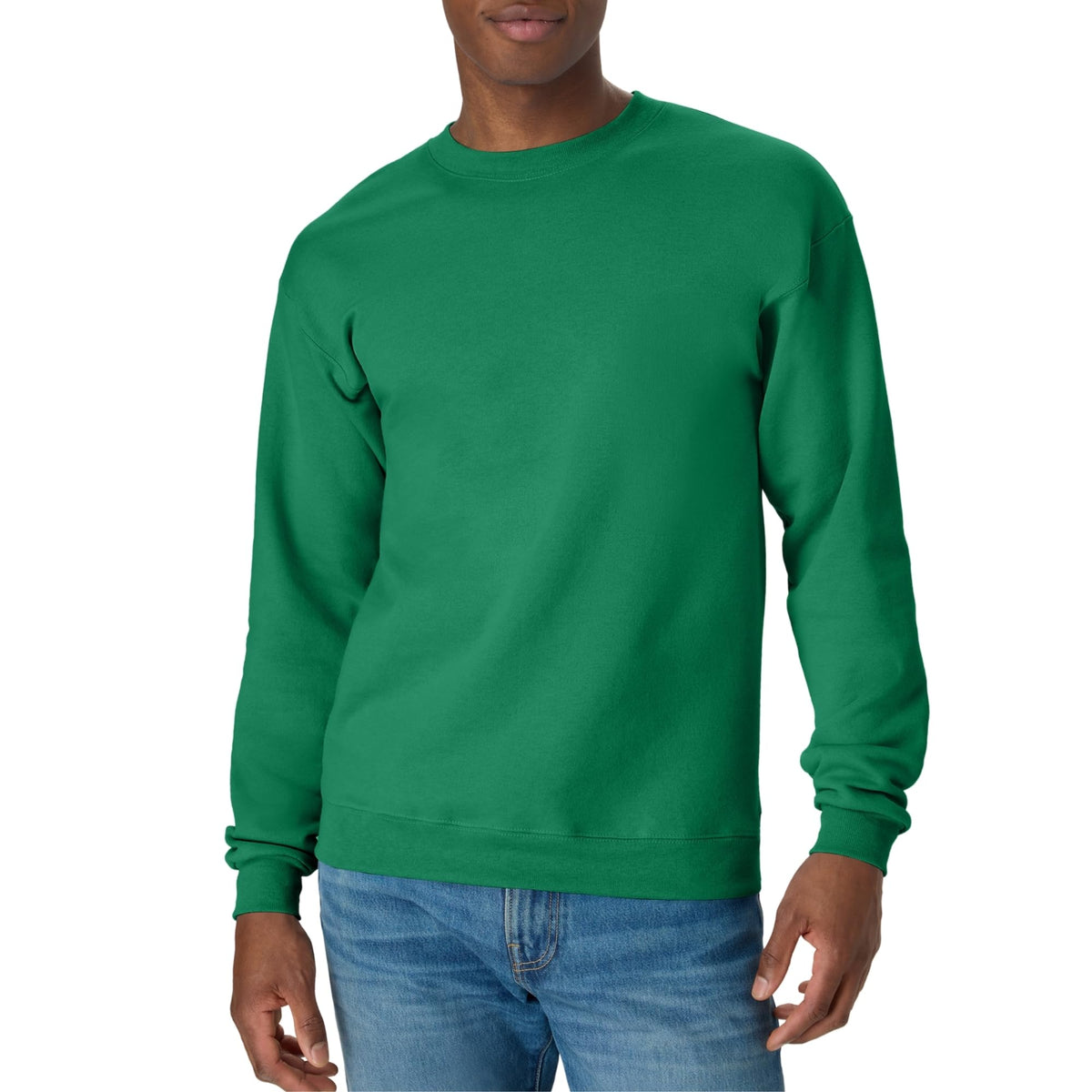 Model wearing the men's fleece sweatshirt with casual trousers
