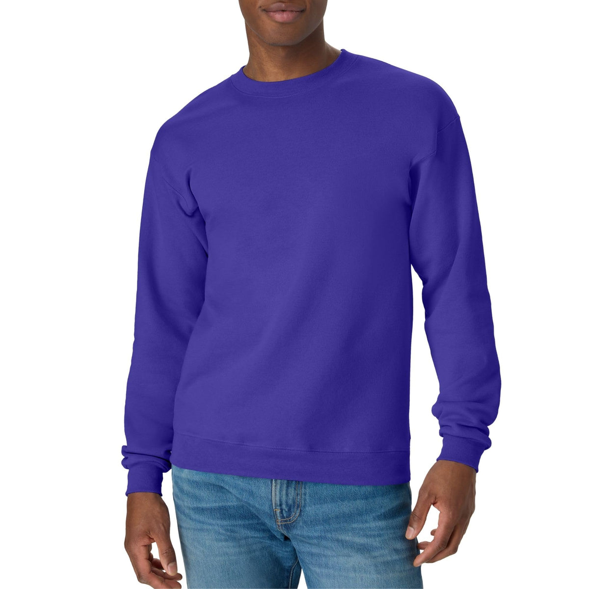 Folded stack of men's fleece crewneck sweatshirts in assorted colors