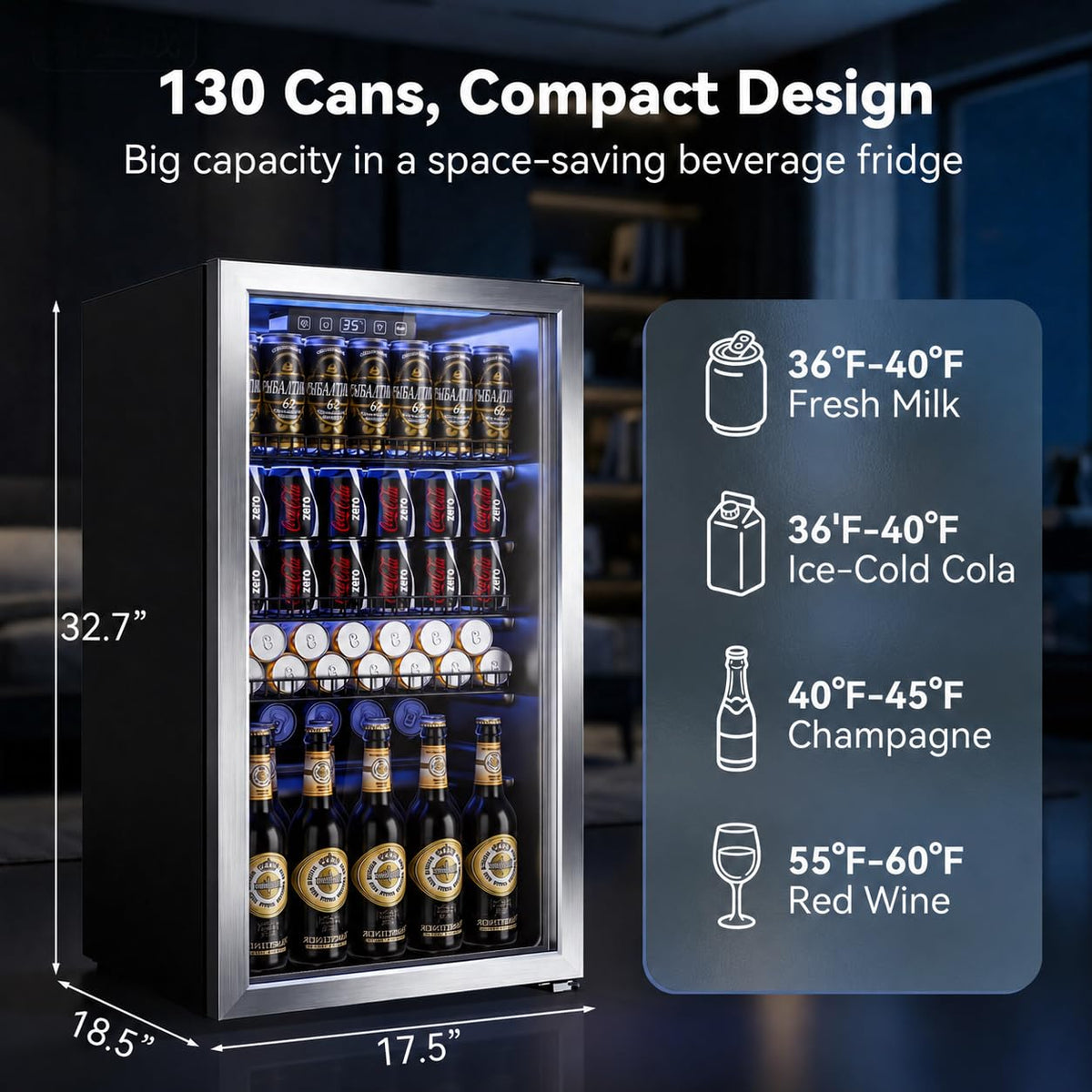18L Beverage Refrigerator Cooler, 24-Can Mini Fridge with Glass Door Jansha Store
