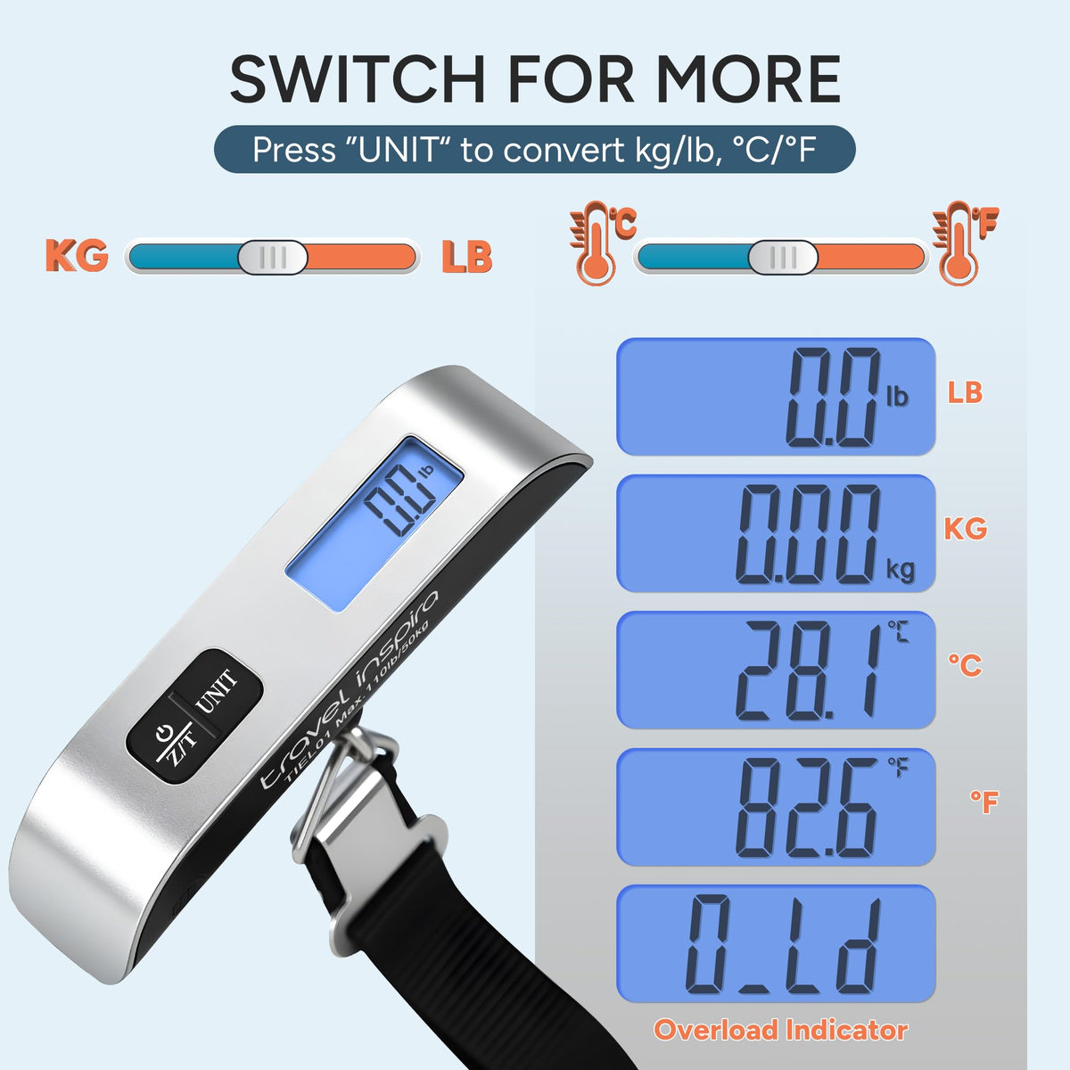 travel inspira Digital Luggage Scale – Portable Hanging Suitcase Weight Scale for Travel, 110 lb Capacity, Backlit LCD Display, Prevents Airport Overweight Fees, Battery Included Jansha Store