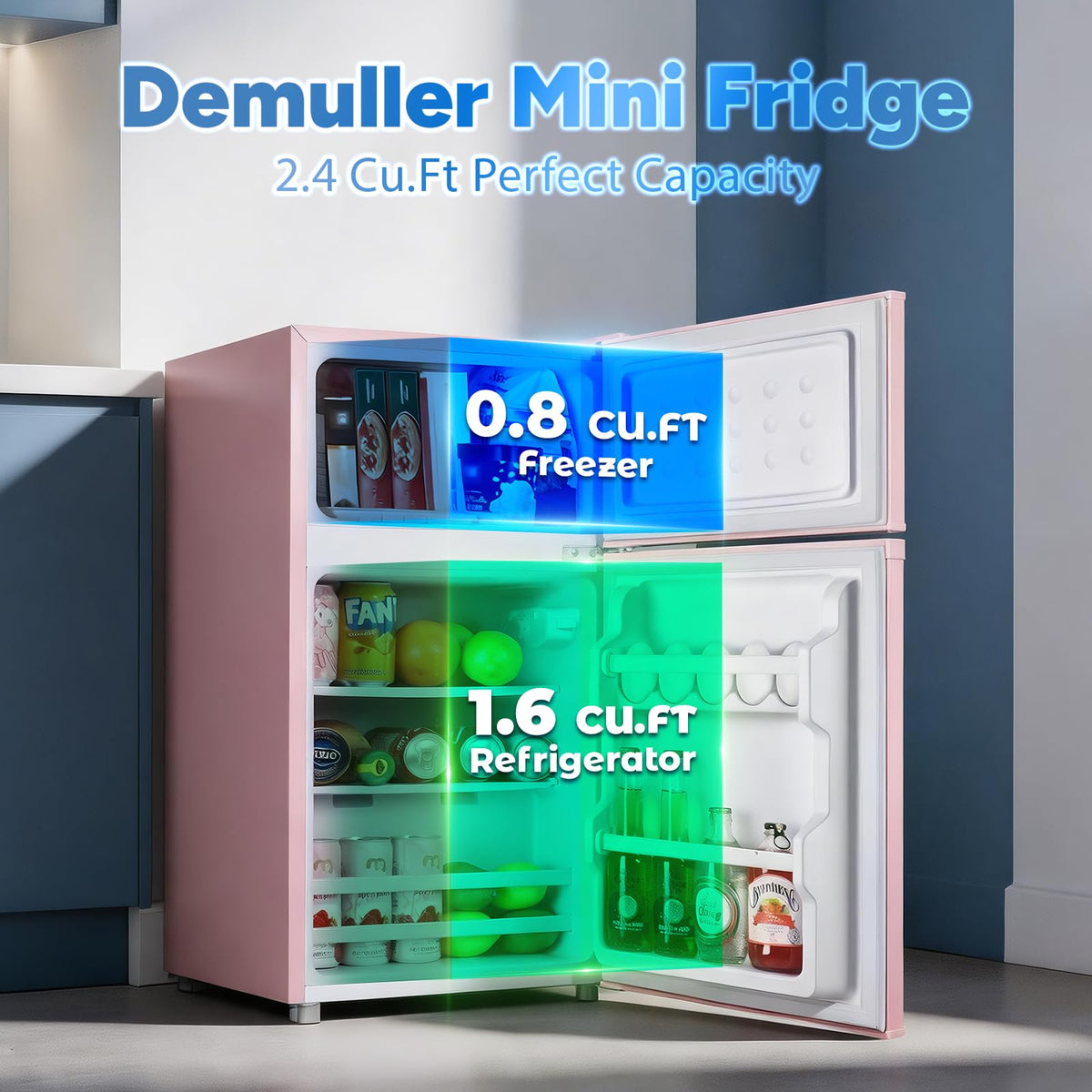 DEMULLER 2.4 Cu.Ft Small Refrigerator with Freezer Mini Fridge Removable Plastic Shelves Ideal for Apartment,Dormitory Black Jansha Store