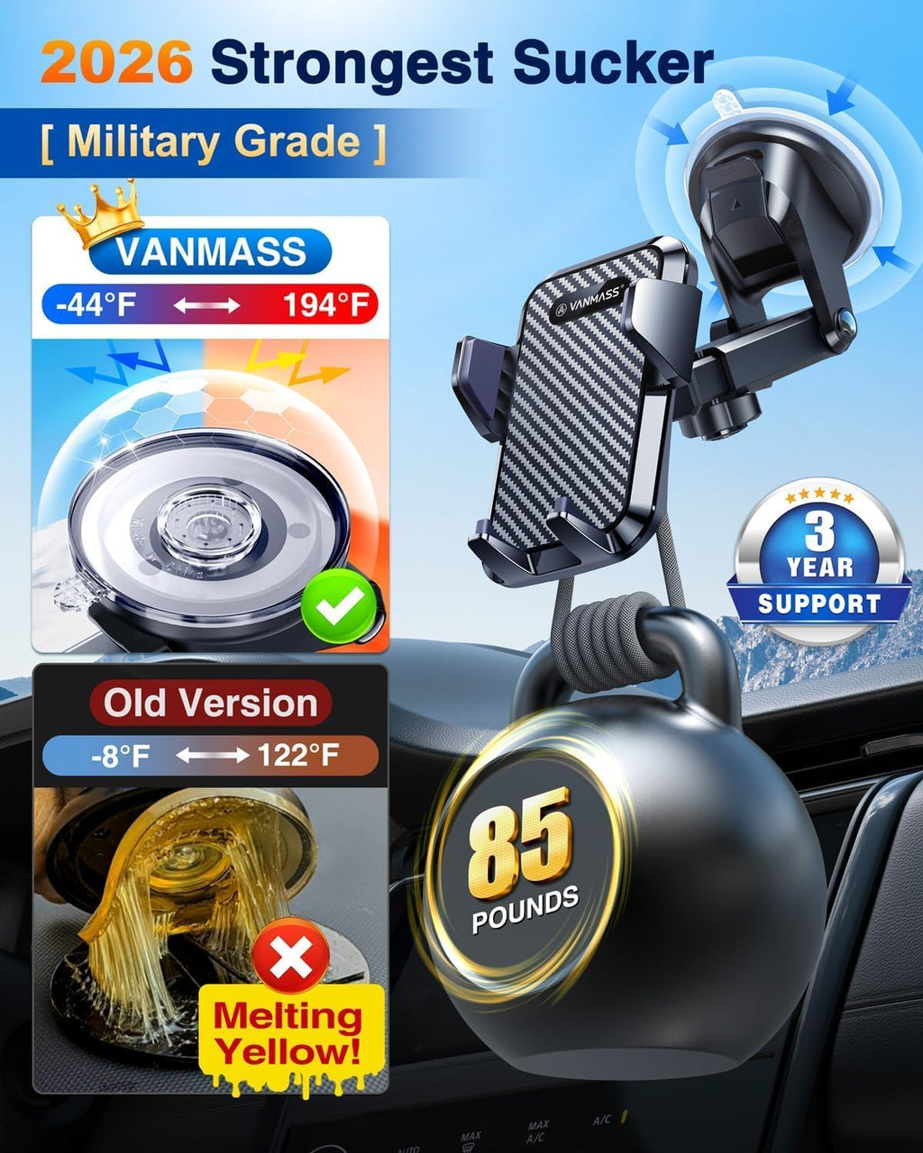 VANMASS【85+LBS Strongest Suction & Military-Grade Ultimate Car Phone Mount【Patent Safety Certs】 Cell Phone Holder for Dash Windshield Vent for iPhone 18 17 Pro Max Automobile Interior Sets, Ink Black Jansha Store