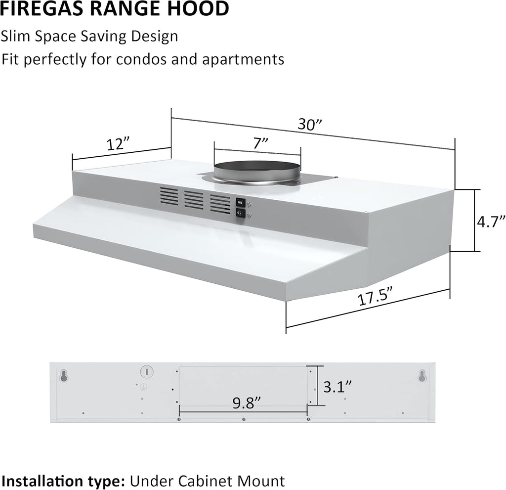 FIREGAS Range Hood 30 inch Under Cabinet, White Range Hood, Kitchen Hood Jansha Store