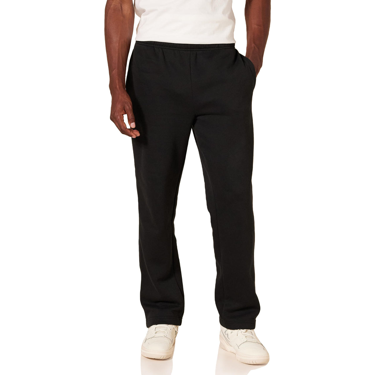 Men's fleece open bottom sweatpants in heather grey, three-quarter angle view