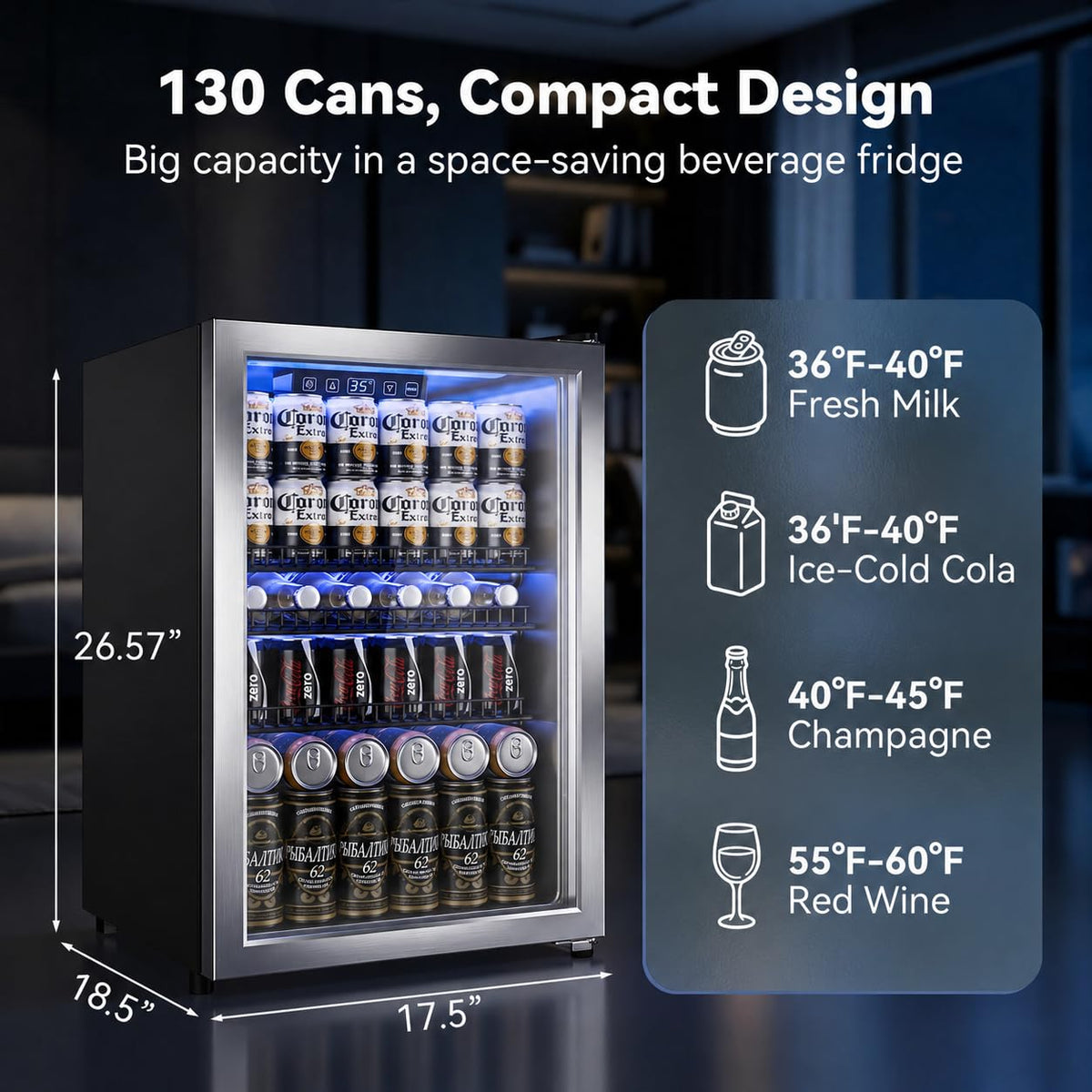 18L Beverage Refrigerator Cooler, 24-Can Mini Fridge with Glass Door Jansha Store