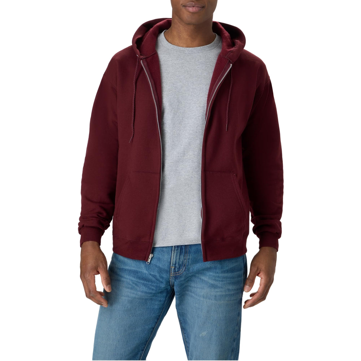 Back view of the men's full-zip fleece hoodie with plain rear panel
