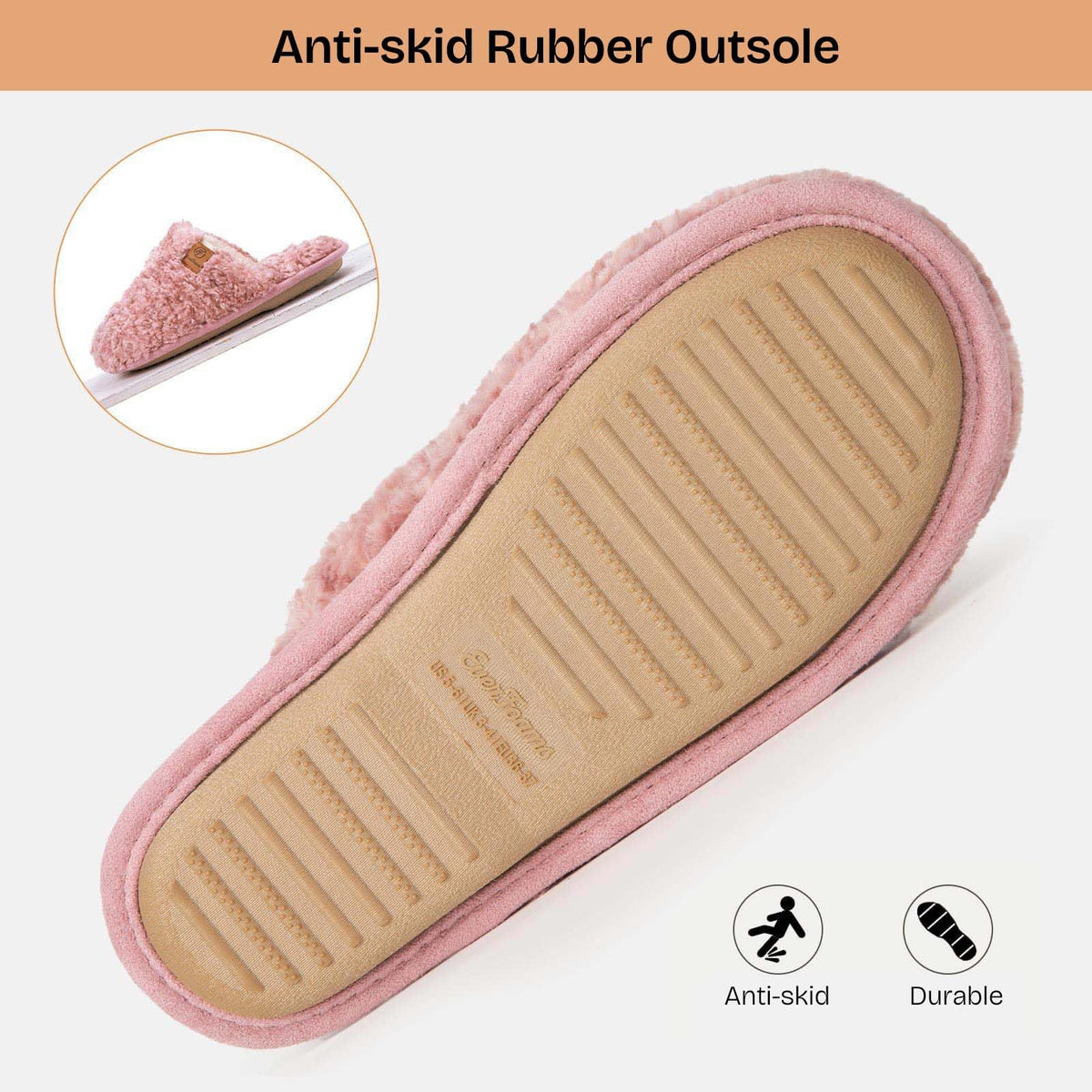 Women's indoor fuzzy slippers with cushioned sole, shown from the side