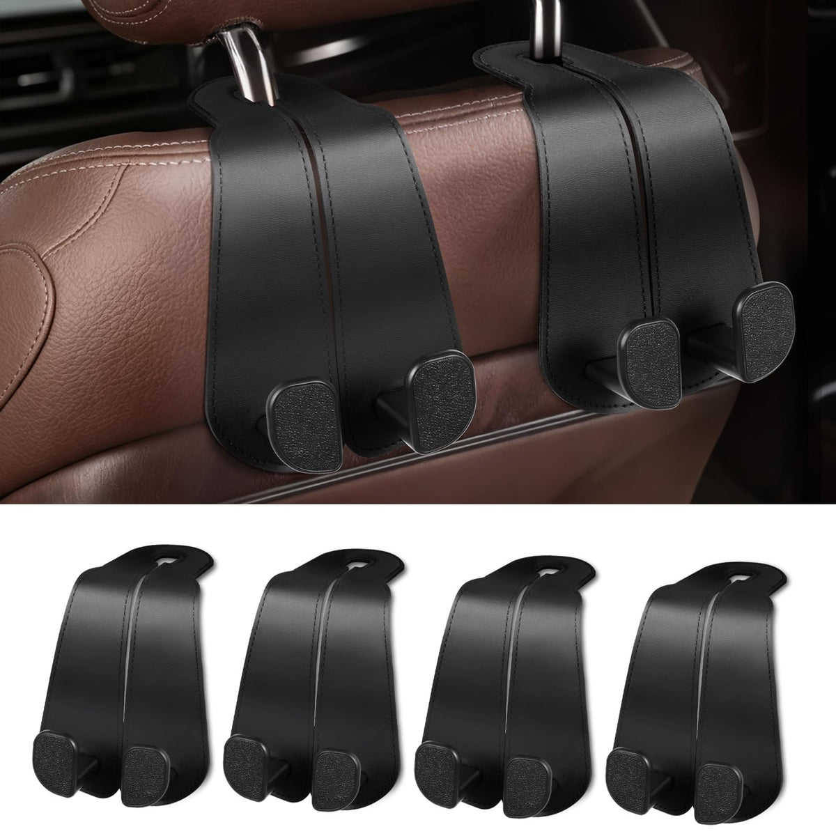 CoBak Purse Hook for Car - Universal Premium Stitched Leather and Aluminum-Magnesium Alloy Double Car Seat Back Storage Hook for Purses, Handbags, Bags (2 Pack),Black Jansha Store