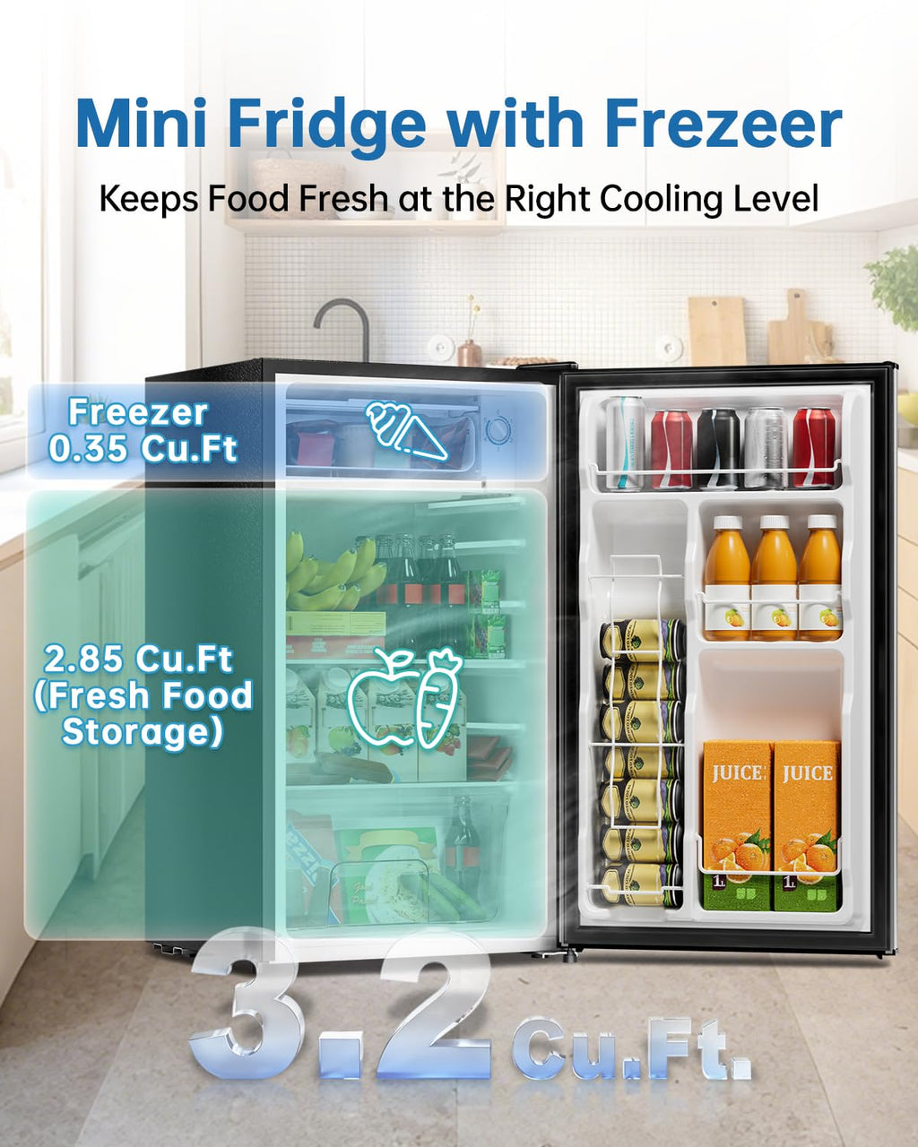 3.2 Cu Ft Mini Fridge with Freezer, Single Door Upright Freezer Jansha Store