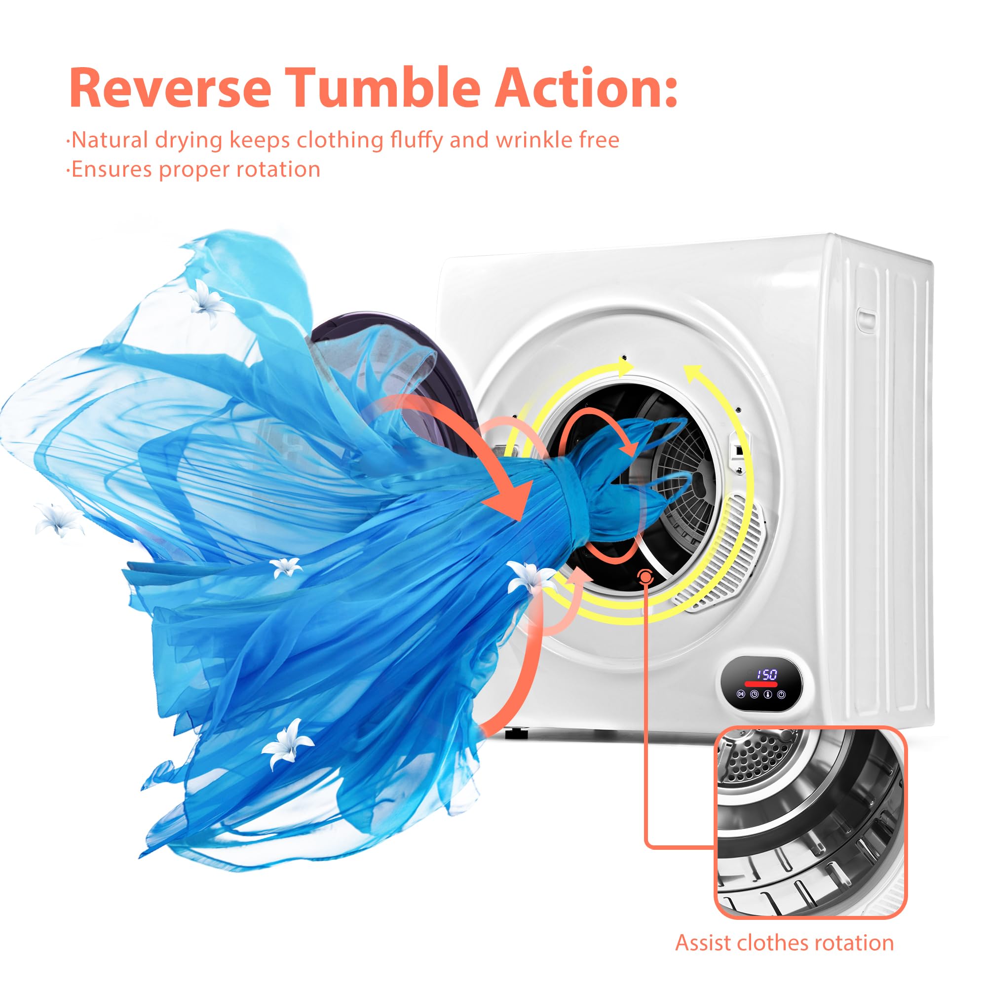 Euhomy Compact Laundry Dryer, 3.5 cu ft Front Load Stainless Steel Clothes Dryers With Exhaust Pipe, 1500W, LCD Control Panel Four-Function Portable Dryer For Apartments, Home, Dorm, White Jansha Store