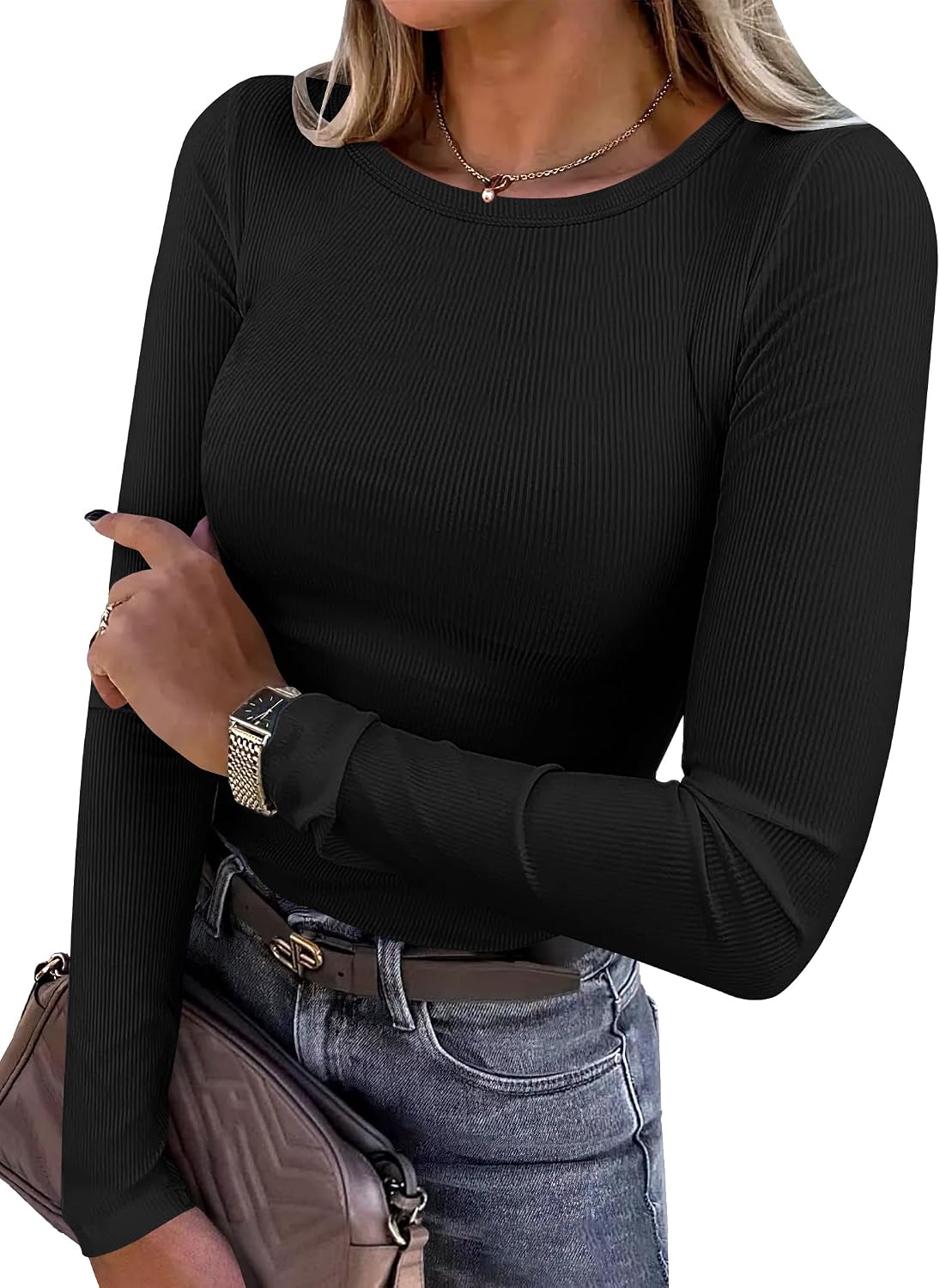 Women's long sleeve ribbed fitted top shown from the front in a neutral tone