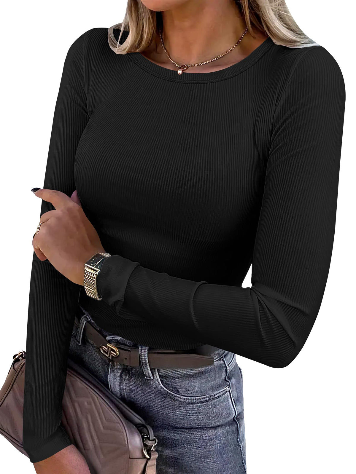 Model turning to show the back fit of the ribbed long sleeve shirt