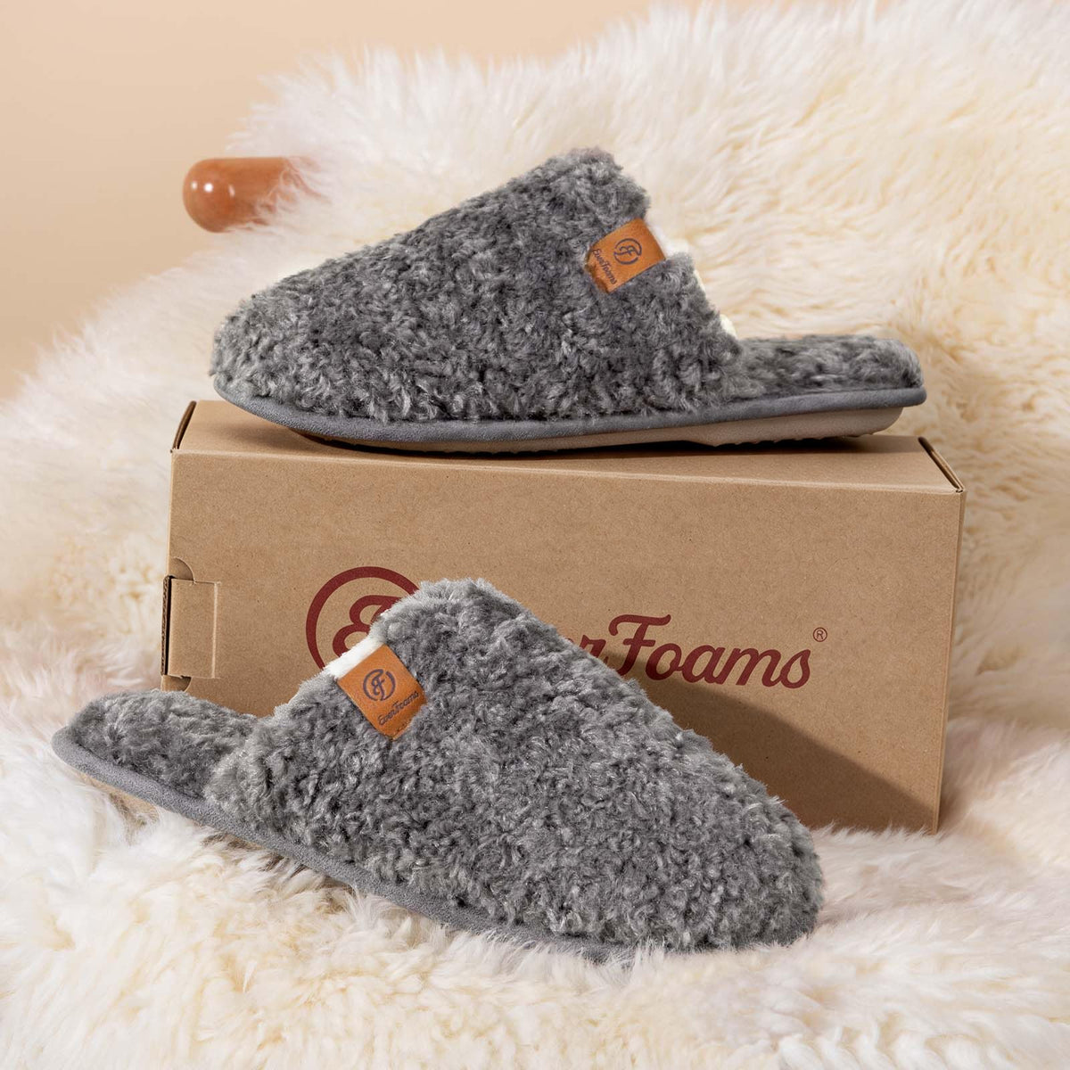 Fluffy slipper upper texture close-up, soft plush material for women's house shoes