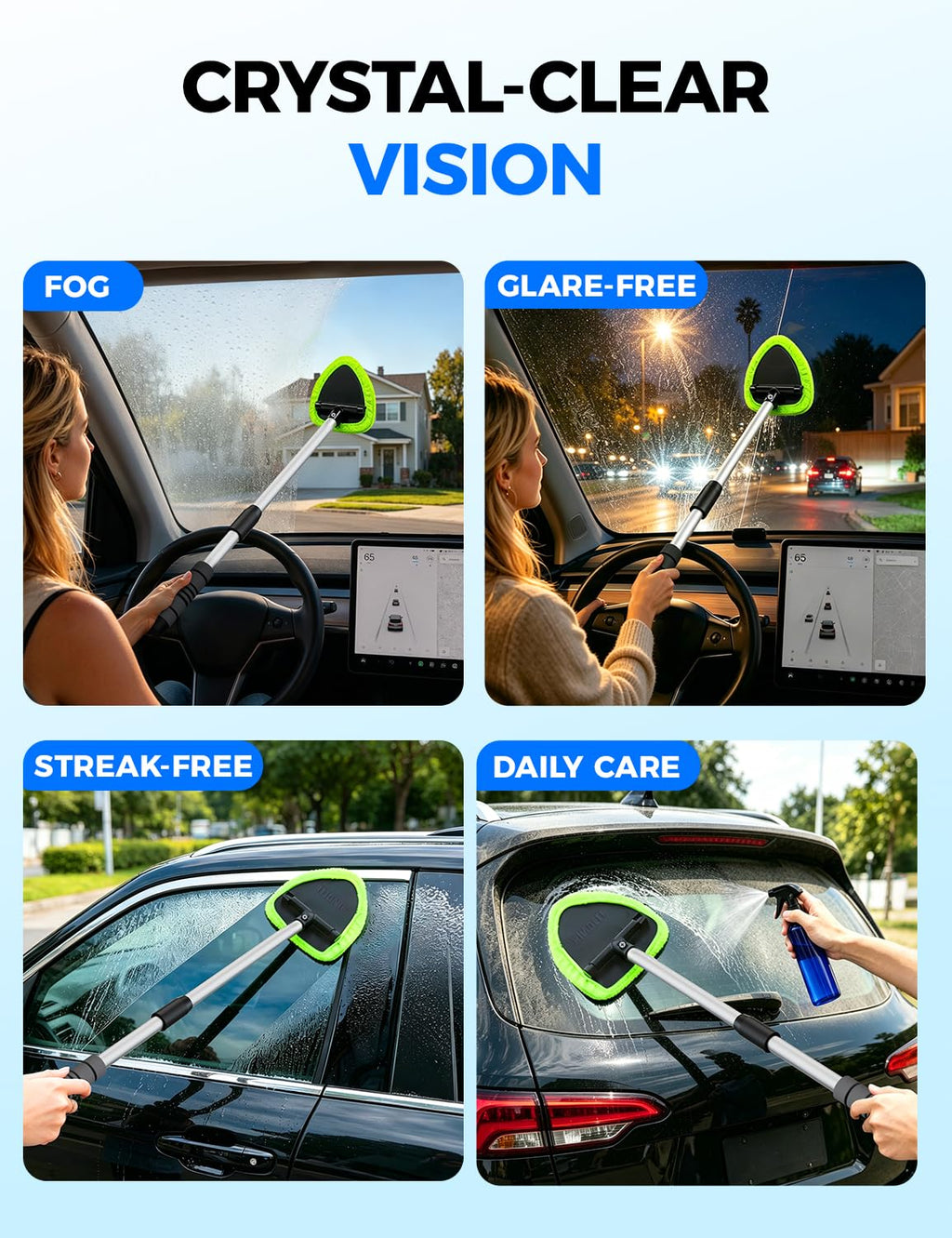 XINDELL Interior Windshield Cleaner Tool – Car Interior Window Cleaning Kit with Extendable Handle & 4 Microfiber Pads, Auto Wiper Inside Compact Windshield Brush for Car & Home Windows Jansha Store