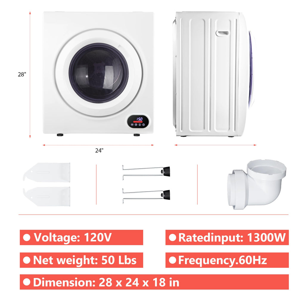 Euhomy Compact Laundry Dryer, 3.5 cu ft Front Load Stainless Steel Clothes Dryers With Exhaust Pipe, 1500W, LCD Control Panel Four-Function Portable Dryer For Apartments, Home, Dorm, White Jansha Store