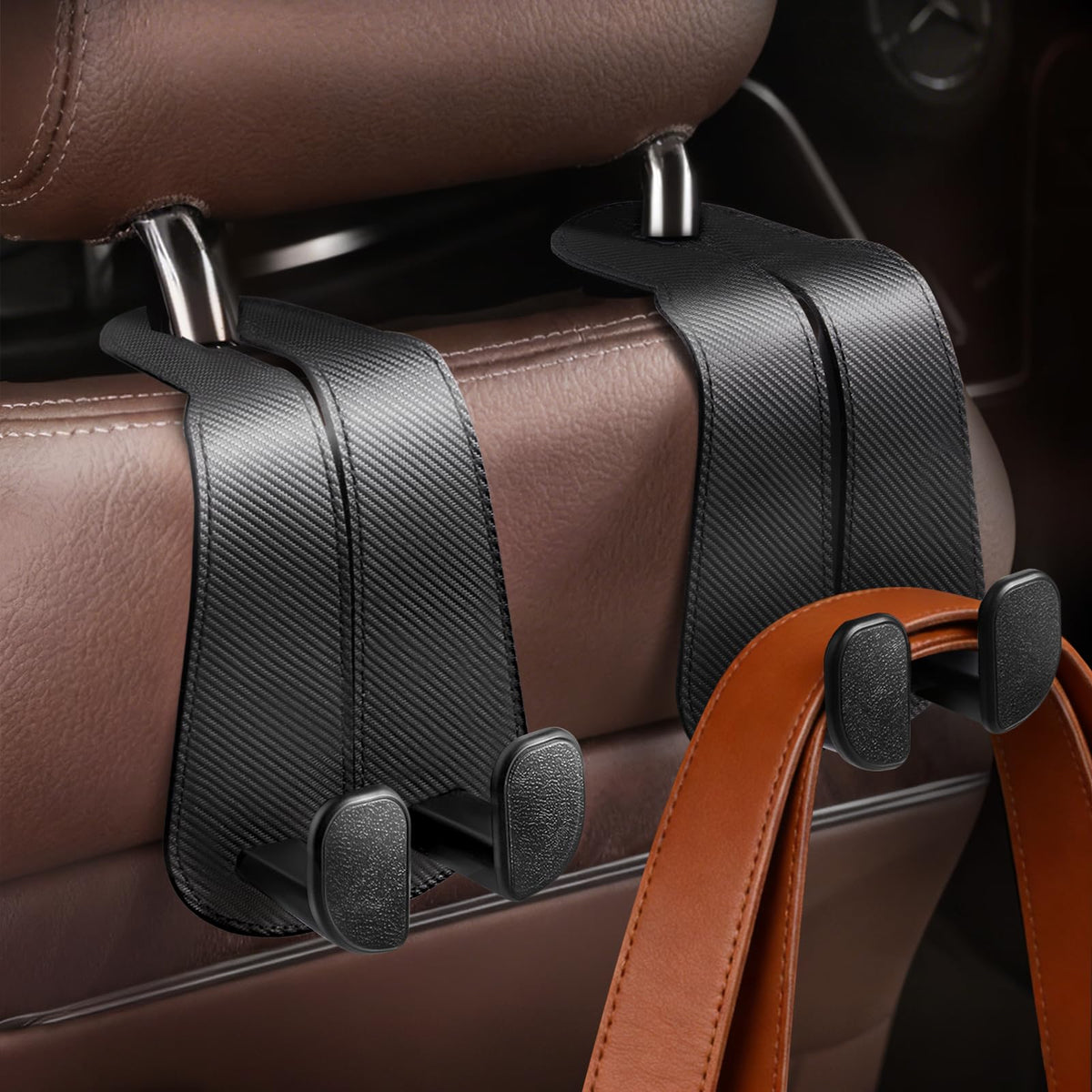 CoBak Purse Hook for Car - Universal Premium Stitched Leather and Aluminum-Magnesium Alloy Double Car Seat Back Storage Hook for Purses, Handbags, Bags (2 Pack),Black Jansha Store