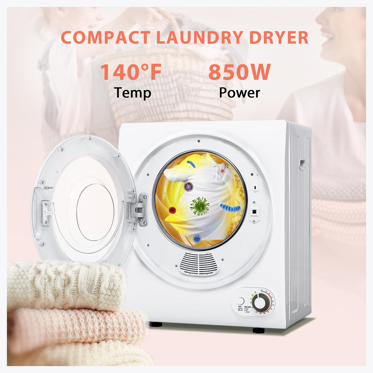 Euhomy Compact Laundry Dryer, 3.5 cu ft Front Load Stainless Steel Clothes Dryers With Exhaust Pipe, 1500W, LCD Control Panel Four-Function Portable Dryer For Apartments, Home, Dorm, White Jansha Store