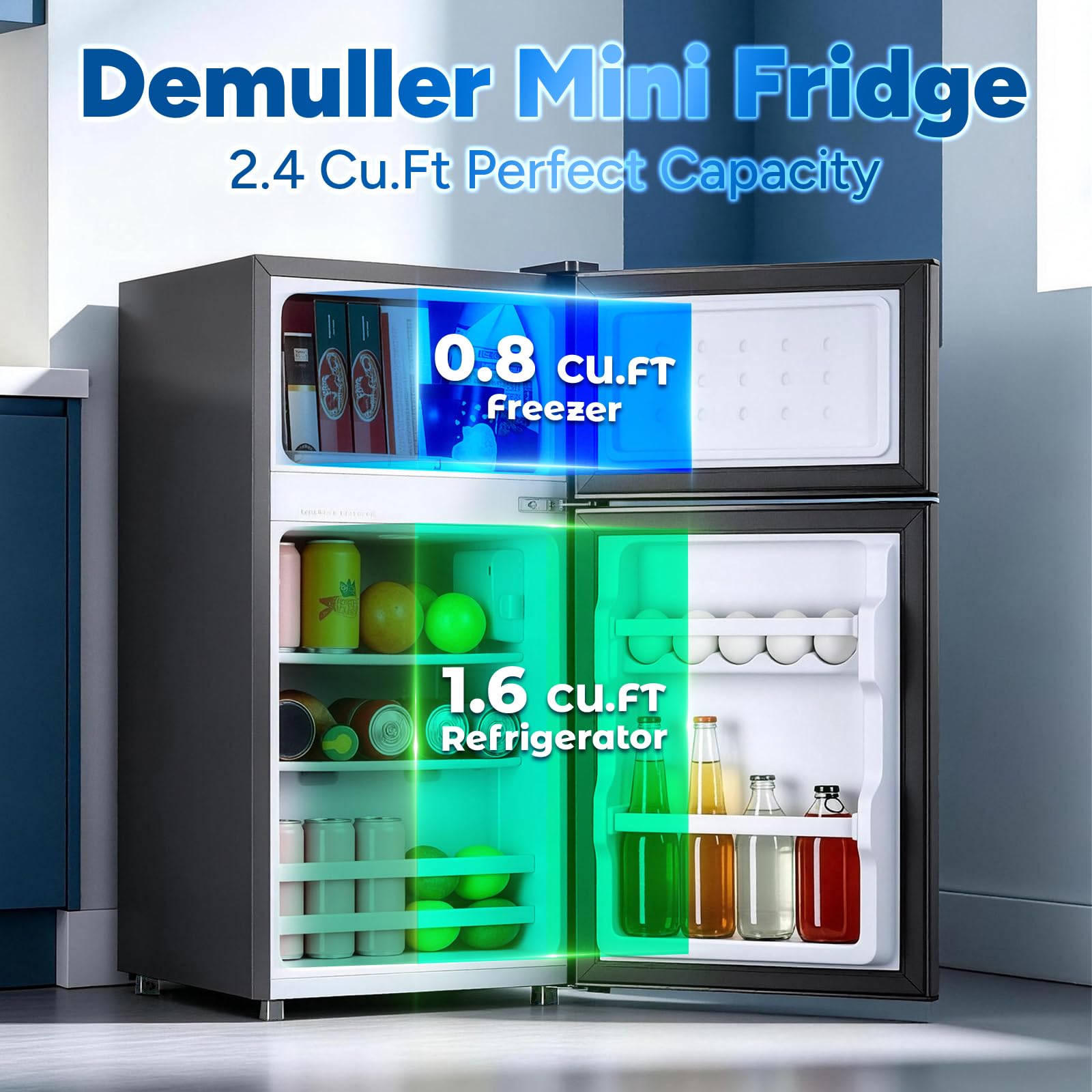 DEMULLER 2.4 Cu.Ft Small Refrigerator with Freezer Mini Fridge Removable Plastic Shelves Ideal for Apartment,Dormitory Black Jansha Store