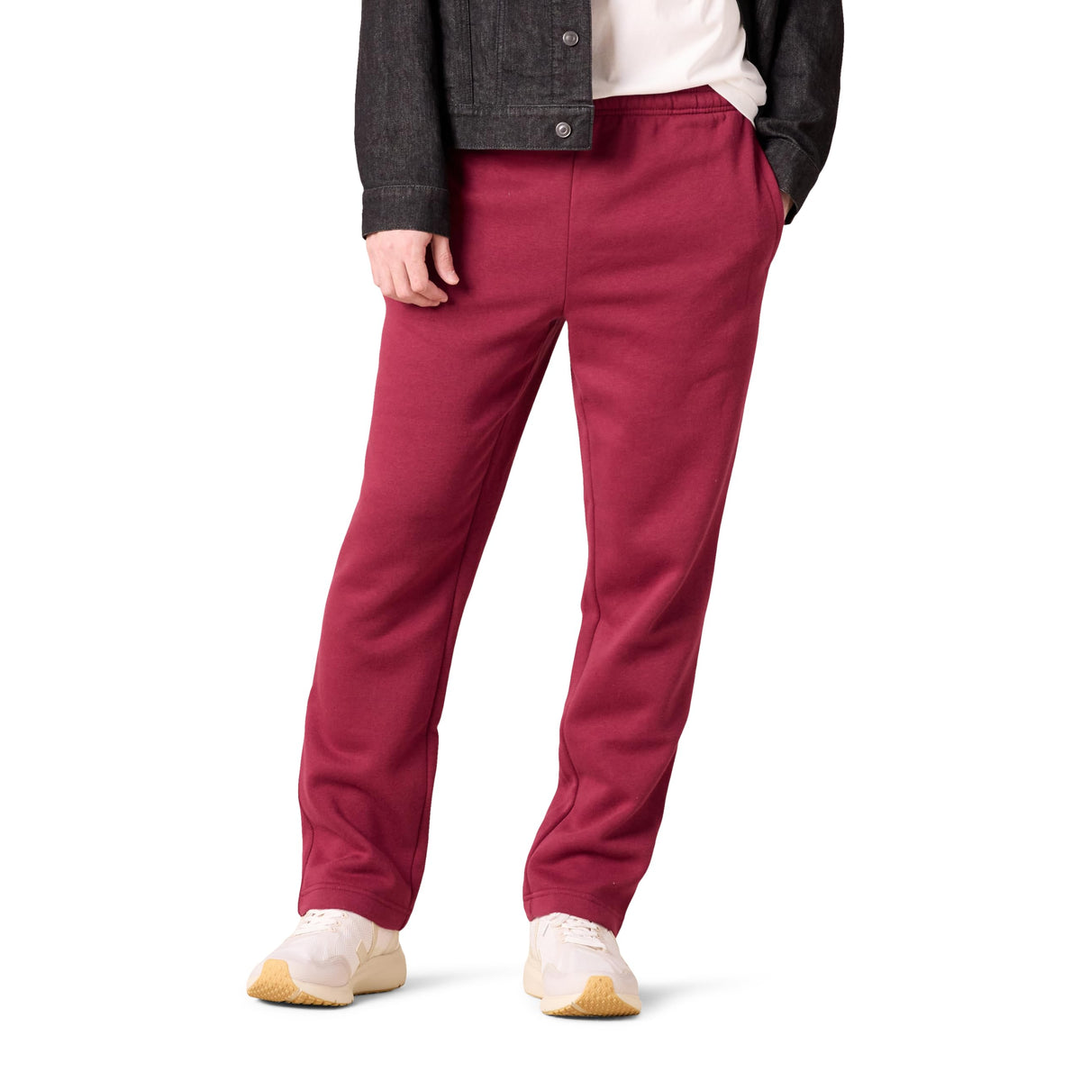 Side view of men's fleece open bottom sweatpants highlighting the soft brushed fabric and loose fit