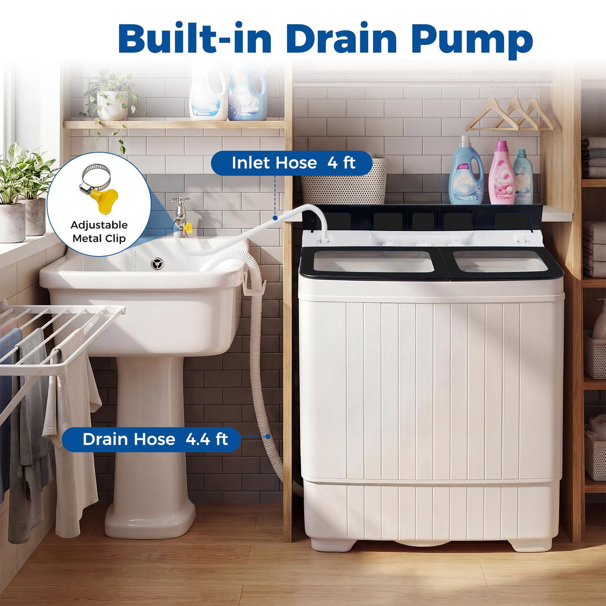 COSTWAY 26Lbs Portable Washing Machine with Built-in Drain Pump, Blue Jansha Store