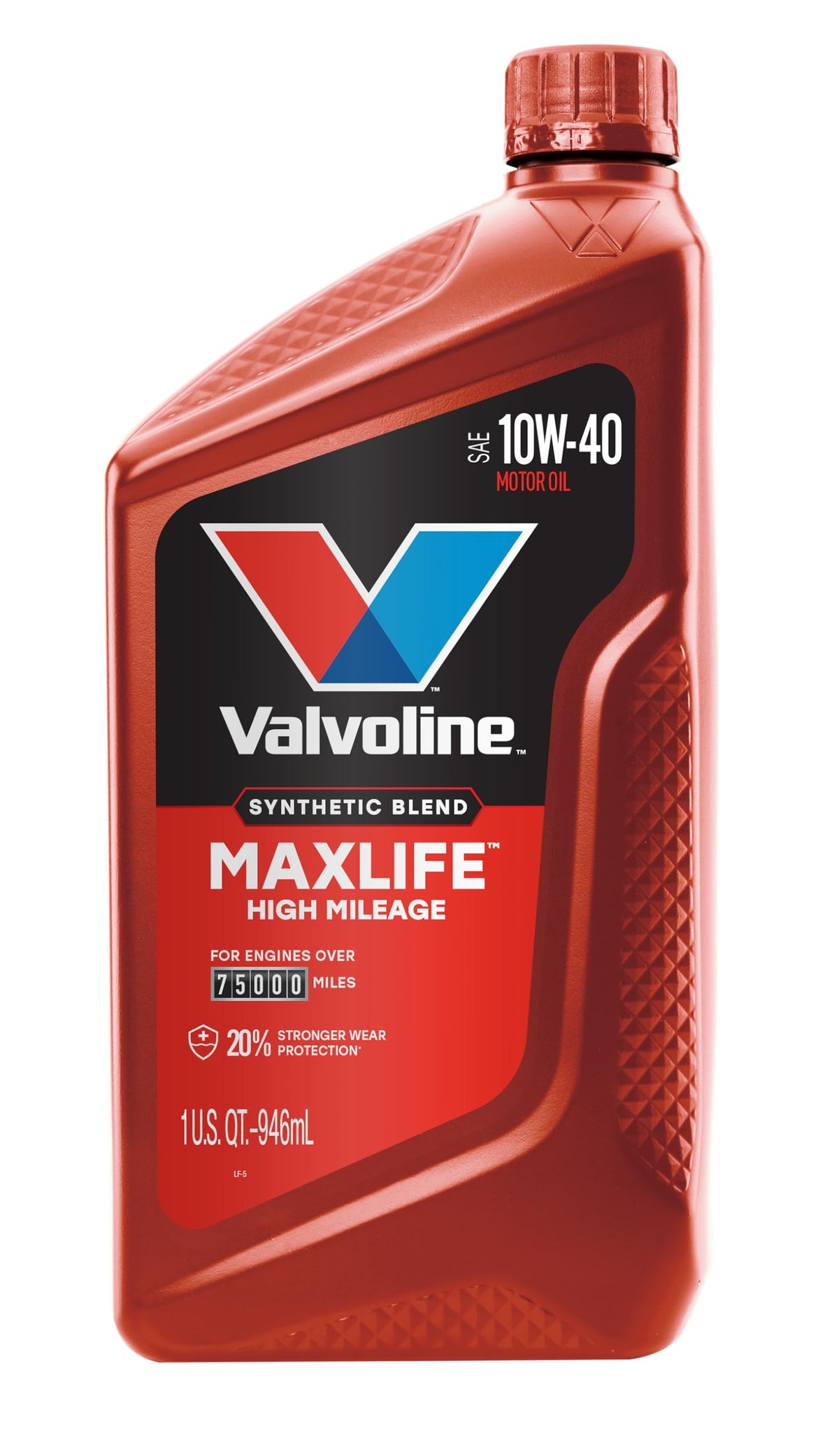 Motor oil jug showing 5W-30 grade for cold starts and high mileage wear protection