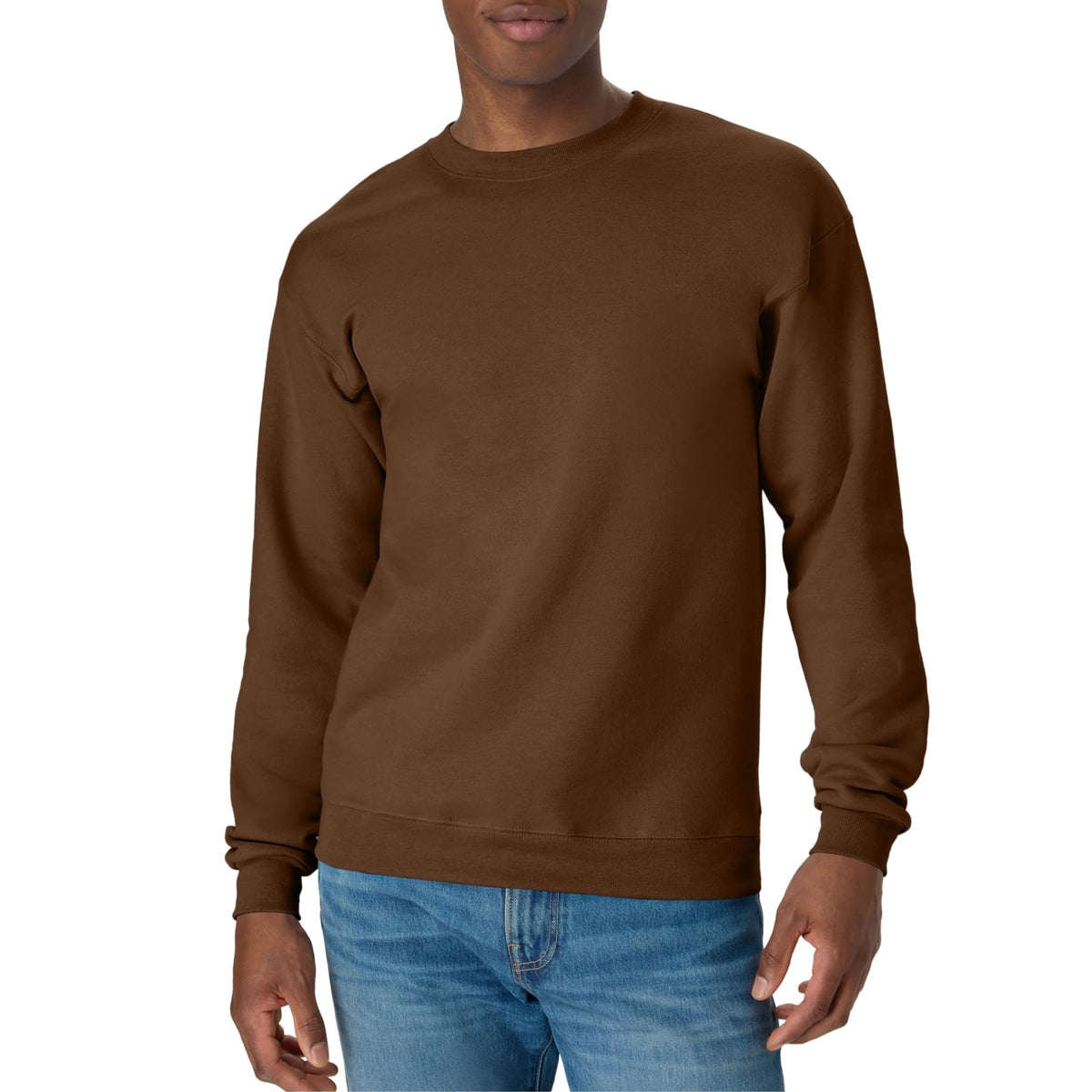 Men's fleece pullover sweatshirt shown on a hanger, full length