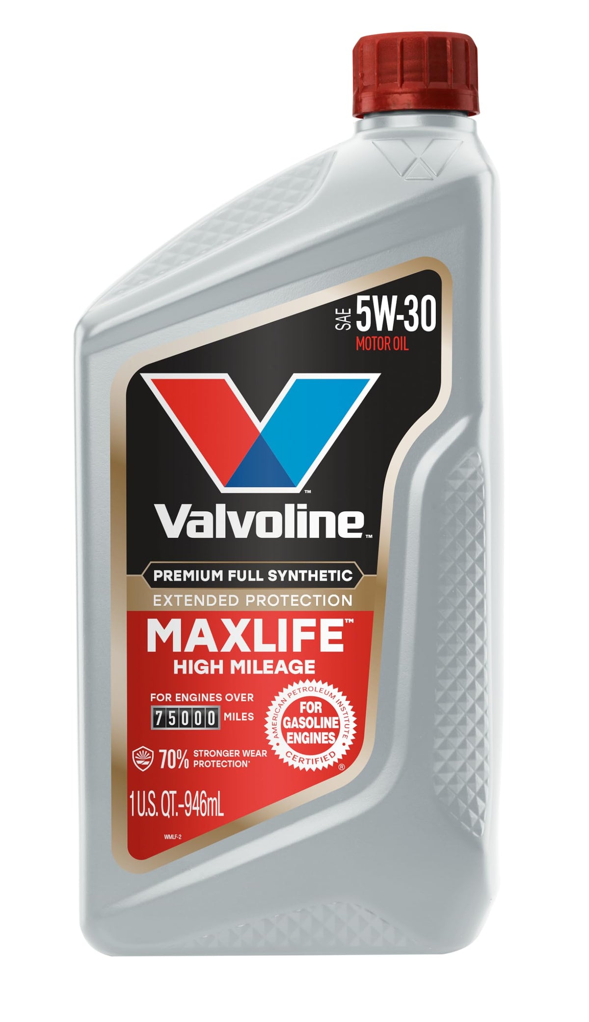 High mileage 5W-30 motor oil 5-quart jug displayed with oil filter for tune-up