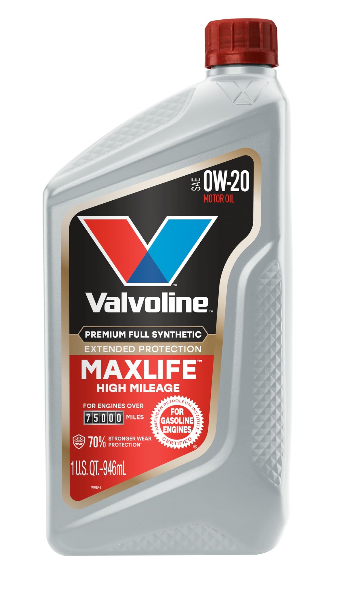High mileage 5W-30 synthetic blend motor oil jug beside a car engine oil filler cap