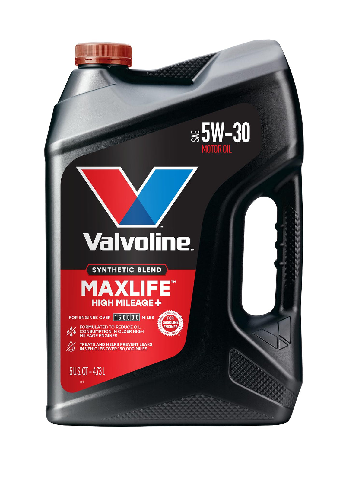 Motor oil container for high mileage engines displayed with oil change supplies