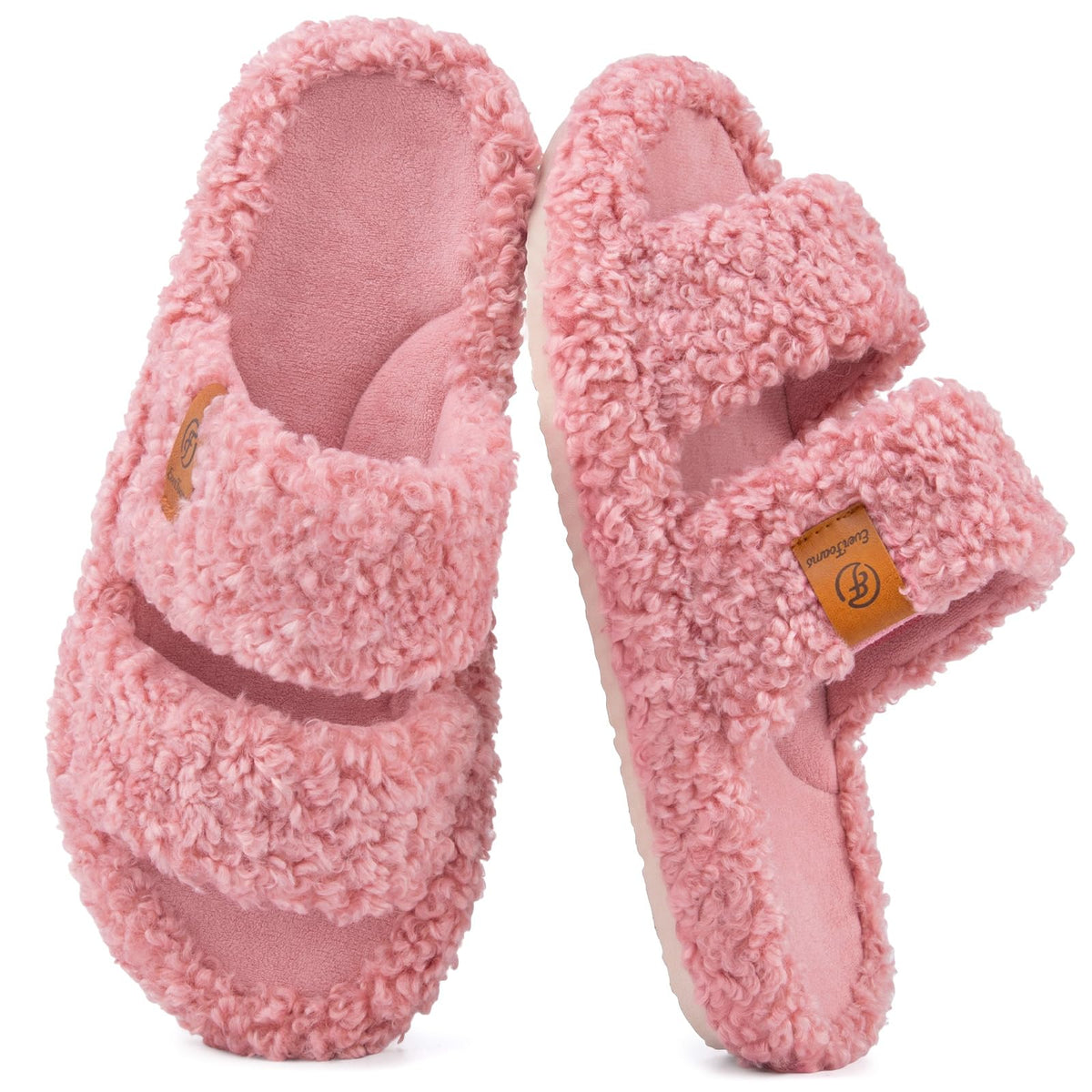 Close-up of fuzzy plush upper on EverFoams women's open-toe indoor slippers