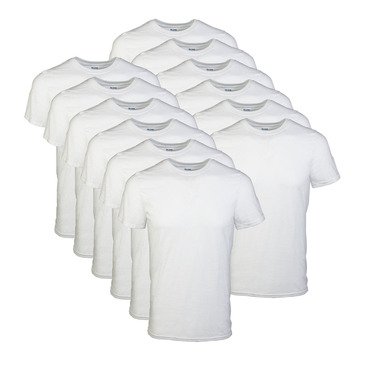 Folded stack of multipack crew neck T-shirts in assorted solid colors