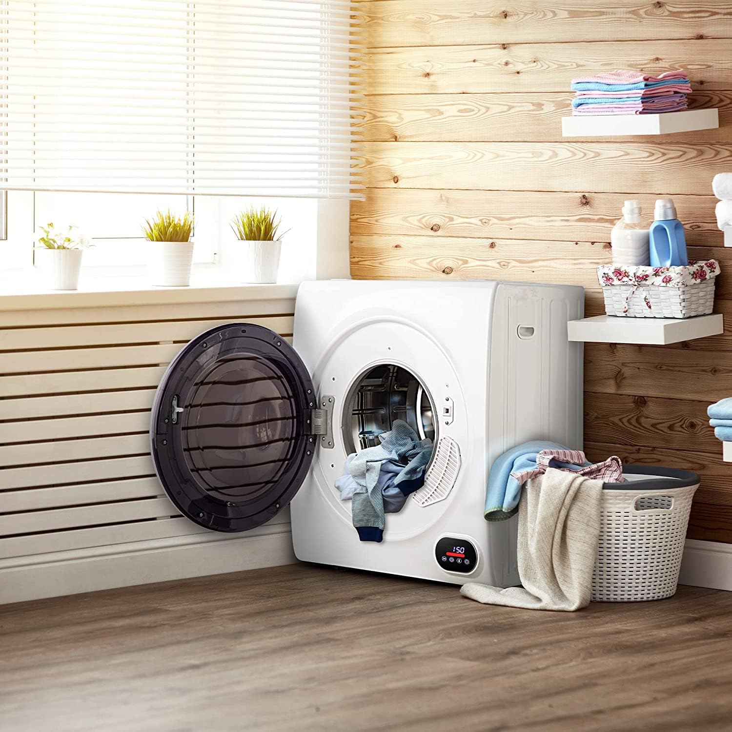 Euhomy Compact Laundry Dryer, 3.5 cu ft Front Load Stainless Steel Clothes Dryers With Exhaust Pipe, 1500W, LCD Control Panel Four-Function Portable Dryer For Apartments, Home, Dorm, White Jansha Store