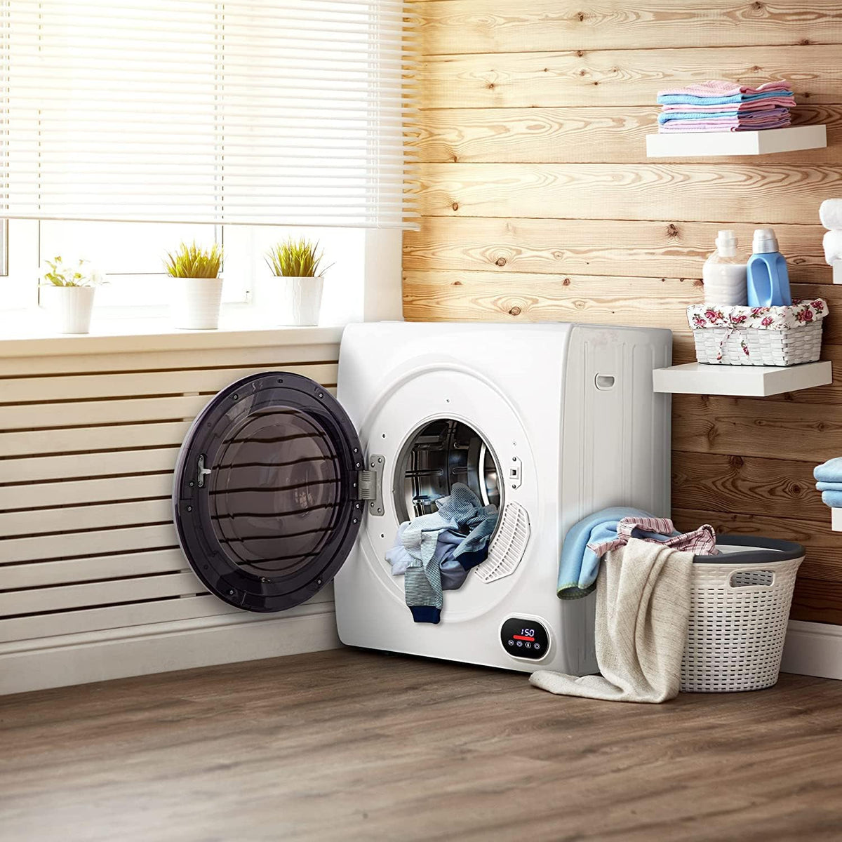 Euhomy Compact Laundry Dryer, 3.5 cu ft Front Load Stainless Steel Clothes Dryers With Exhaust Pipe, 1500W, LCD Control Panel Four-Function Portable Dryer For Apartments, Home, Dorm, White Jansha Store