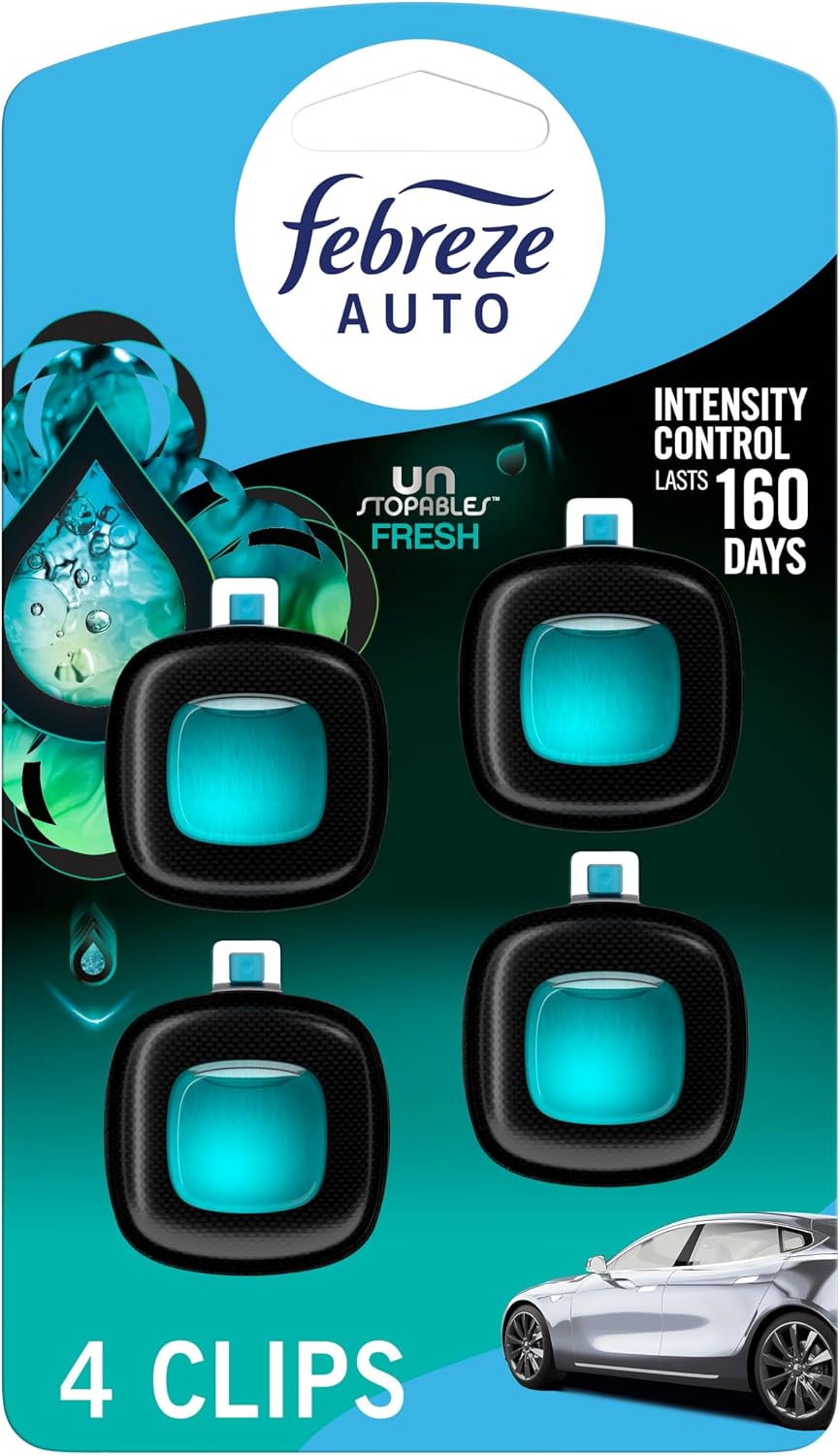 Febreze Car Air Freshener, Odor-Fighting Automotive Vent Clip, Scented Car Accessories, Long Lasting for Strong Odors, Unstopables Fresh Scent, .07 fl oz, 4 Count Jansha Store