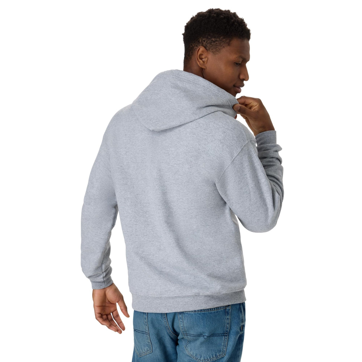 Men's hooded sweatshirt shown from the front with the zip partly open