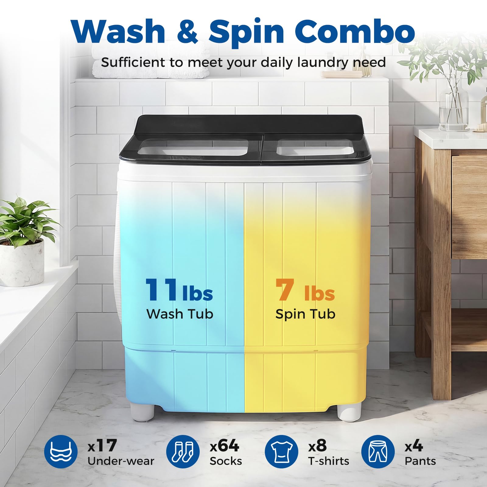 COSTWAY 26Lbs Portable Washing Machine with Built-in Drain Pump, Blue Jansha Store