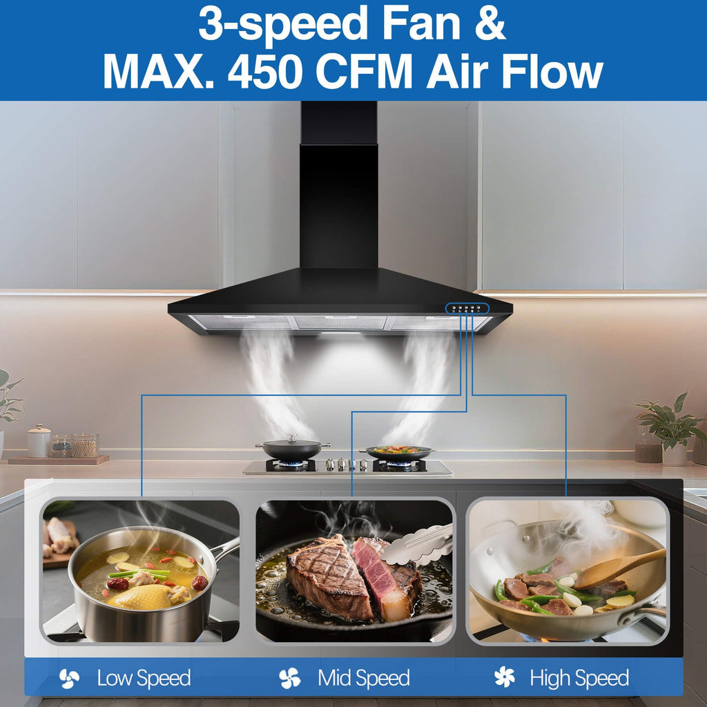 SNDOAS Black Range Hood,Wall Mount Range Hood 30 inch,Stainless Steel Kitchen Hood with Ducted/Ductless Convertible,Stove Vent Hood,Aluminum Filters,3 Speed Exhaust Fan,LED Light,Button Control Jansha Store