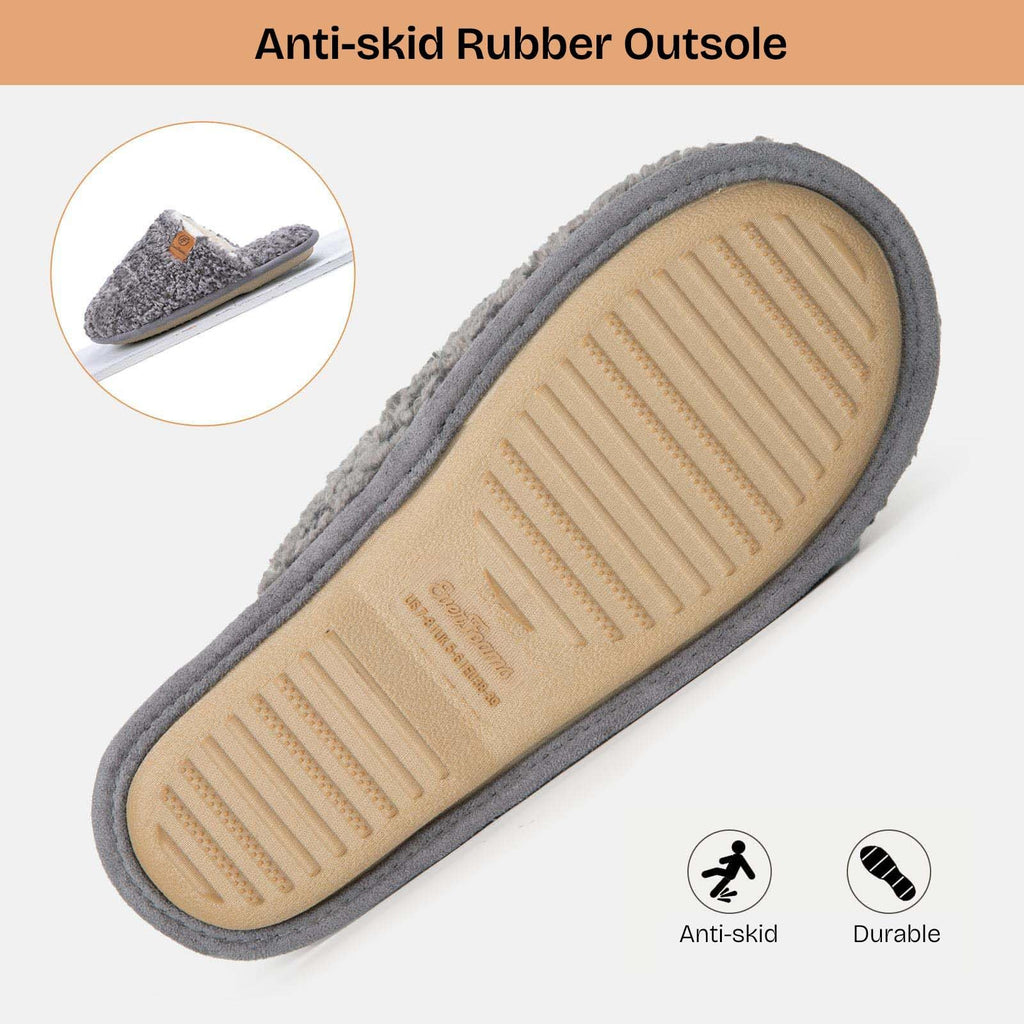 Women's warm indoor slippers showing stitching and plush trim along the edge