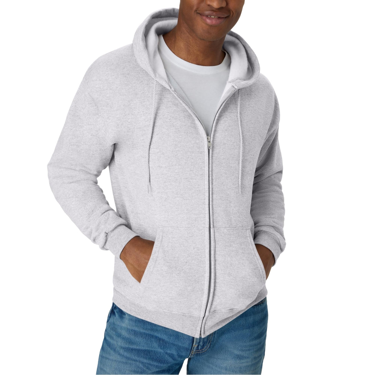 Men's full-zip fleece hoodie in solid color, front view showing zip closure and hood
