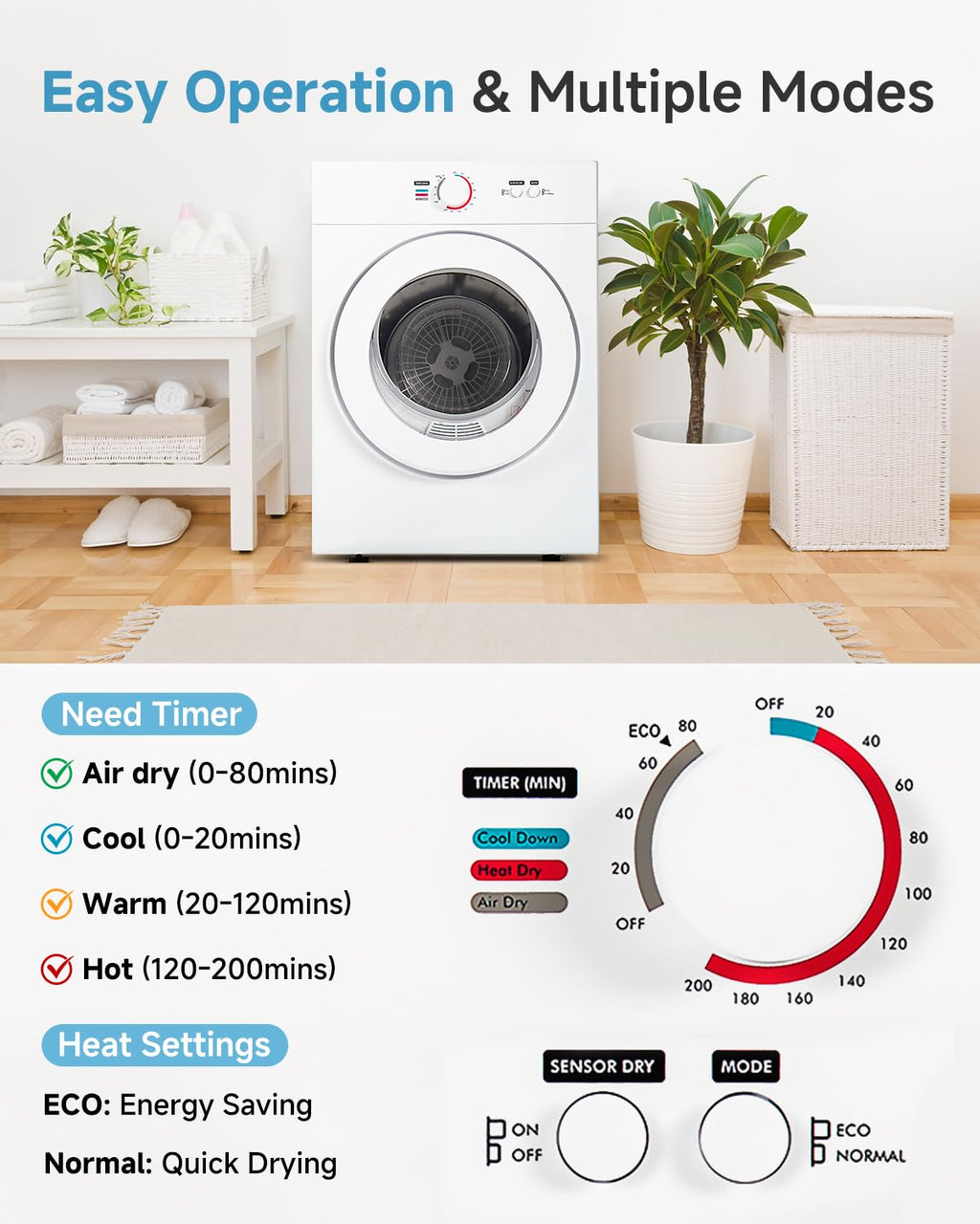 Feelfunn 850W Portable Clothes Dryer with 4 Automatic Drying Modes Jansha Store