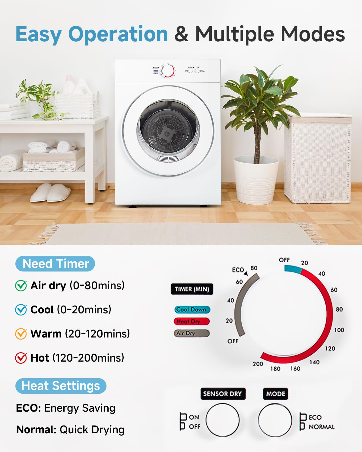 Feelfunn 850W Portable Clothes Dryer with 4 Automatic Drying Modes Jansha Store