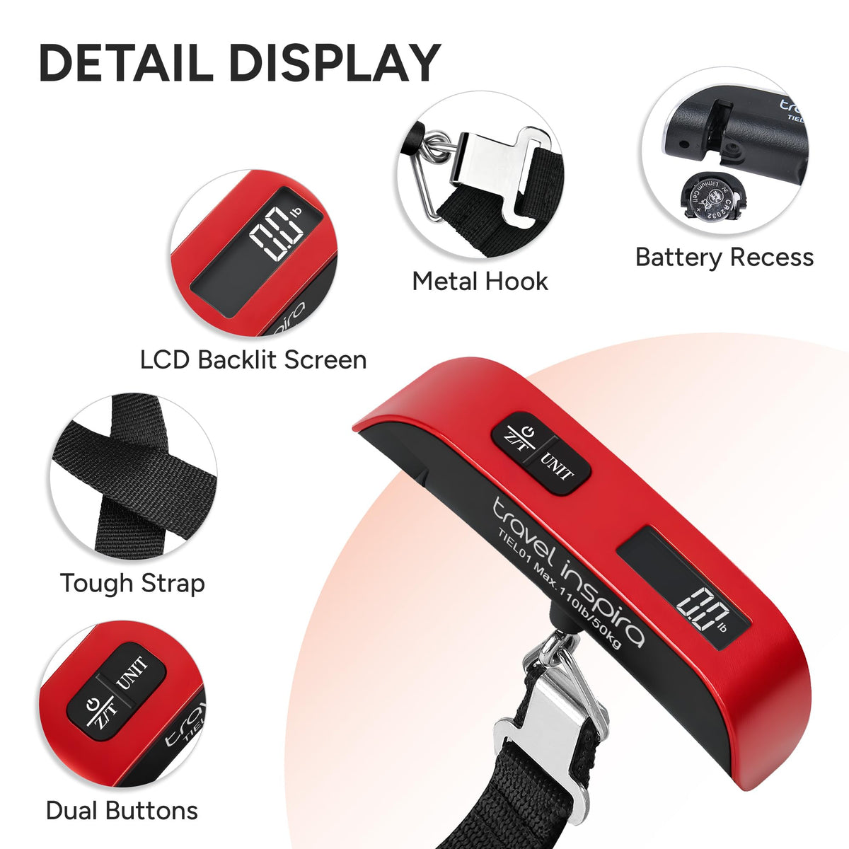 travel inspira Digital Luggage Scale – Portable Hanging Suitcase Weight Scale for Travel, 110 lb Capacity, Backlit LCD Display, Prevents Airport Overweight Fees, Battery Included Jansha Store
