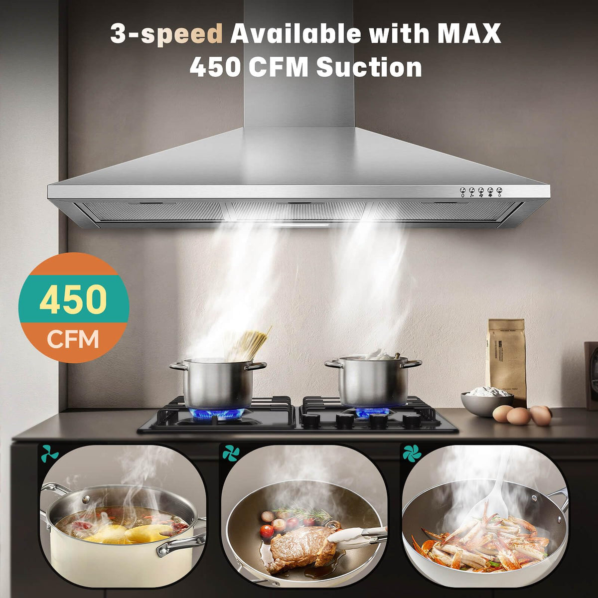 SNDOAS Black Range Hood,Wall Mount Range Hood 30 inch,Stainless Steel Kitchen Hood with Ducted/Ductless Convertible,Stove Vent Hood,Aluminum Filters,3 Speed Exhaust Fan,LED Light,Button Control Jansha Store