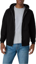 Men's full-zip fleece hoodie shown from the front with hood up