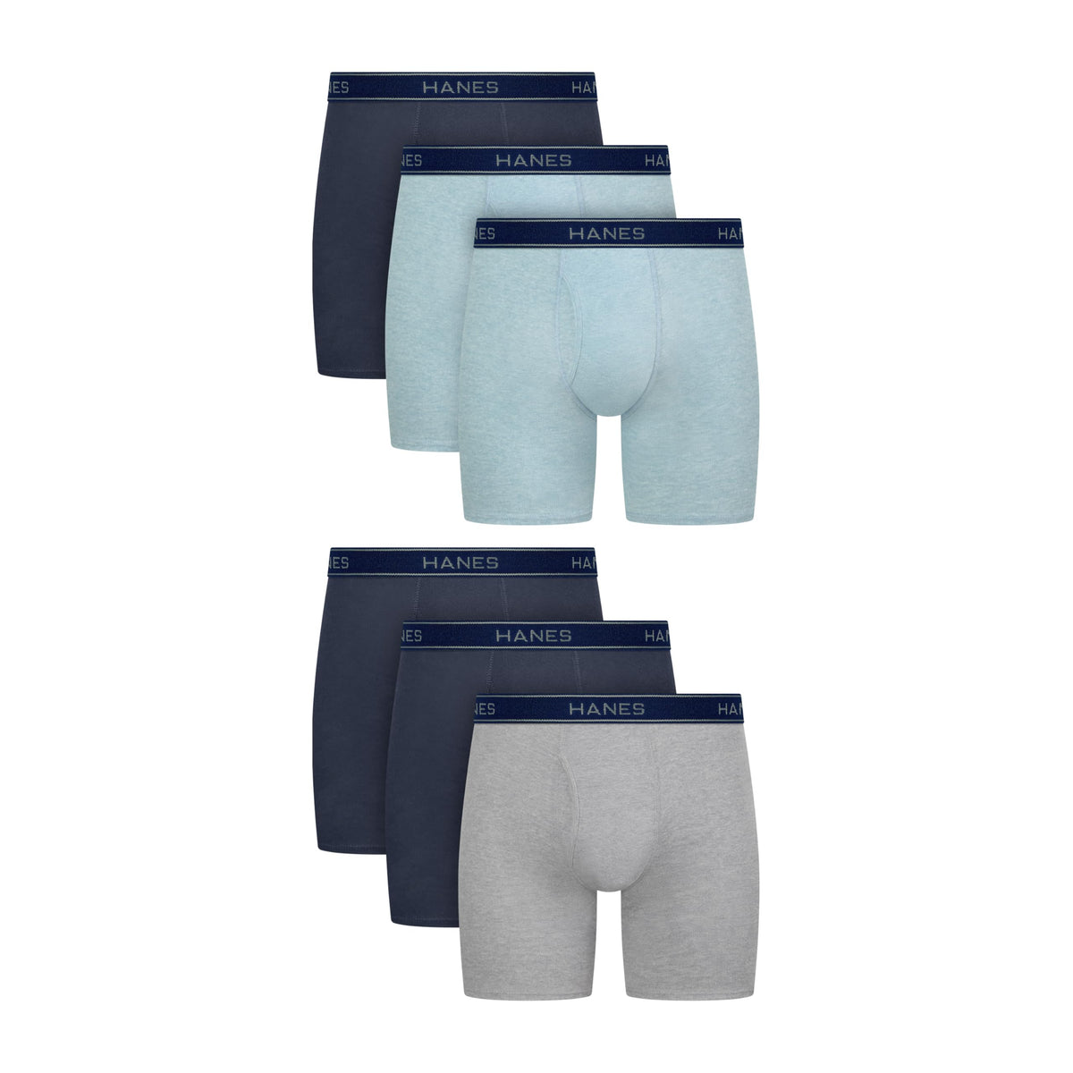 Assorted color boxer briefs laid side by side showing pack variety