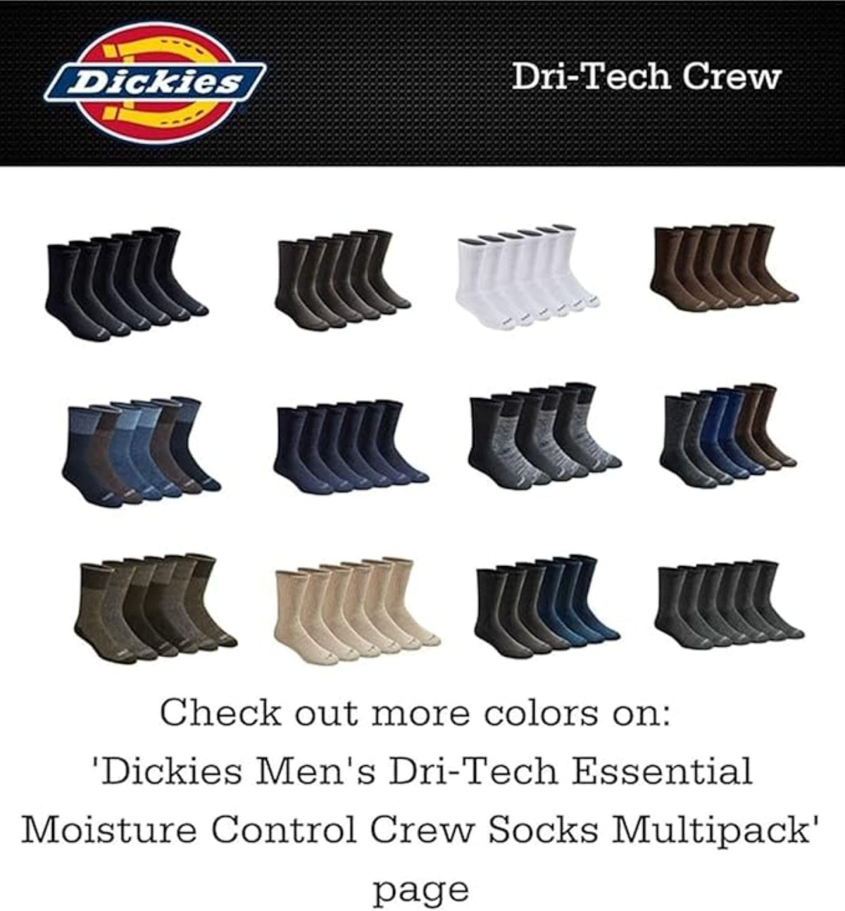 Multi-pack of Dickies Dri-tech crew socks stacked, showing several pairs in assorted colours
