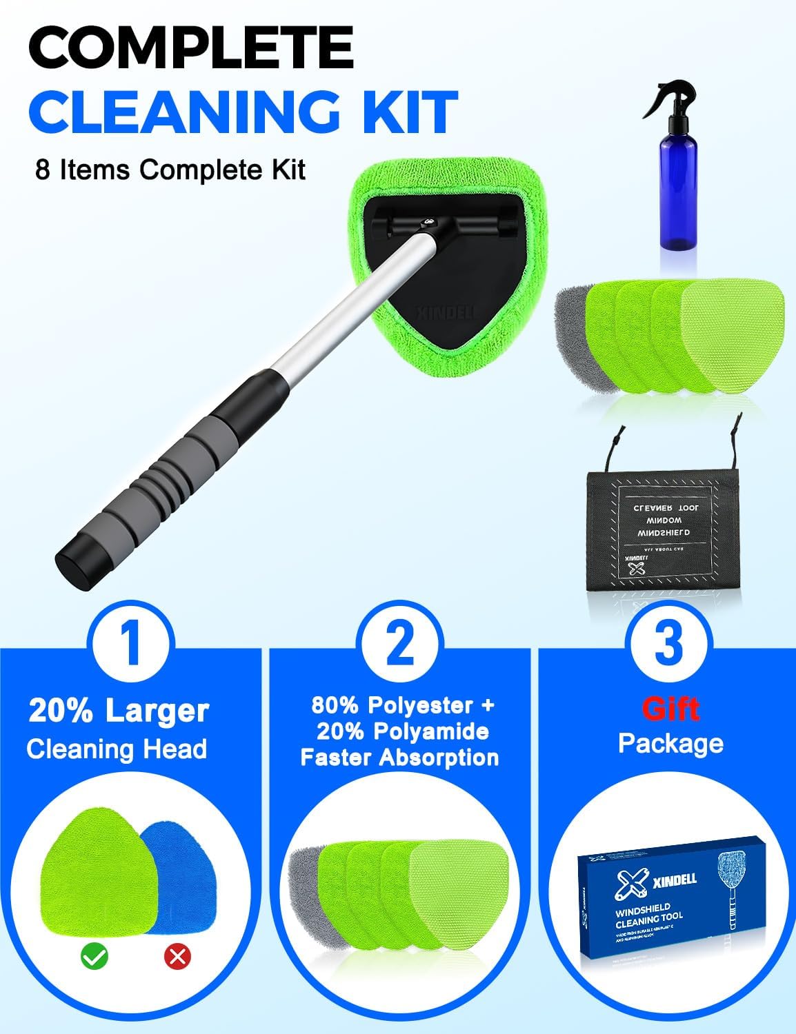XINDELL Interior Windshield Cleaner Tool – Car Interior Window Cleaning Kit with Extendable Handle & 4 Microfiber Pads, Auto Wiper Inside Compact Windshield Brush for Car & Home Windows Jansha Store