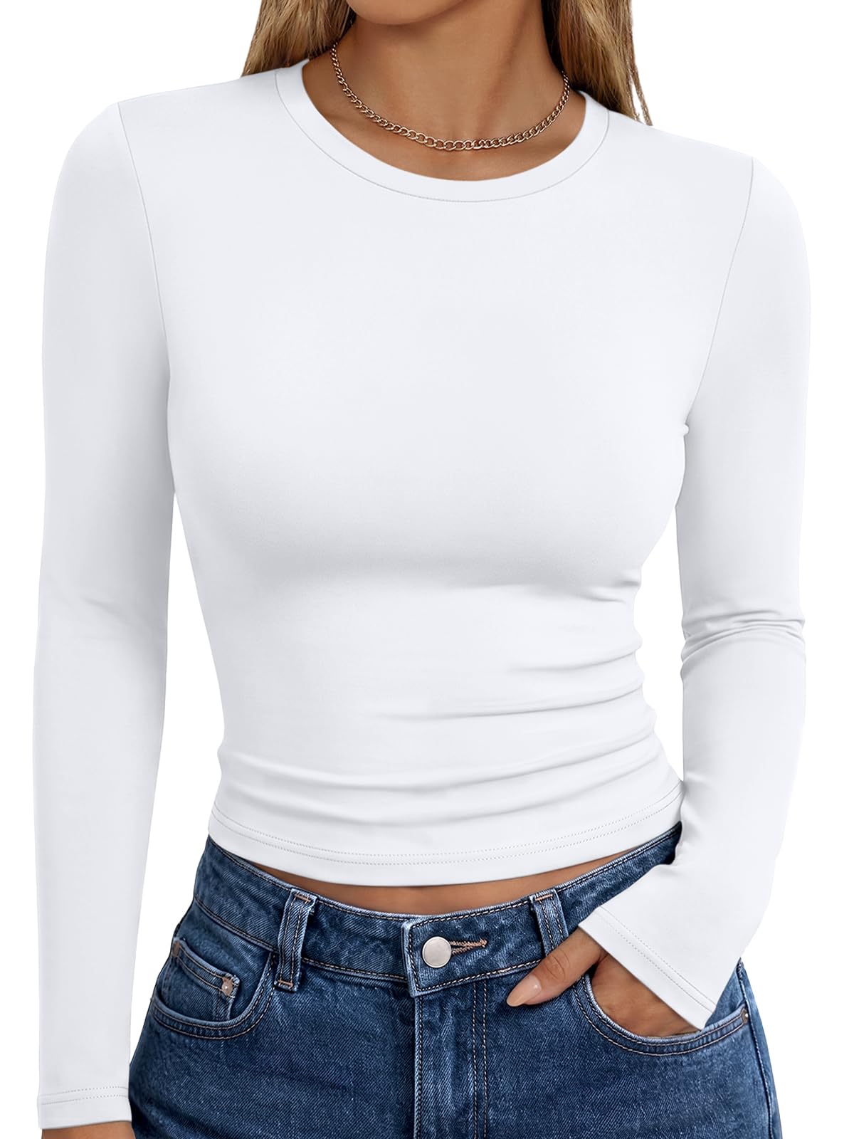Close-up of the long sleeve t-shirt fabric and neckline stitching detail