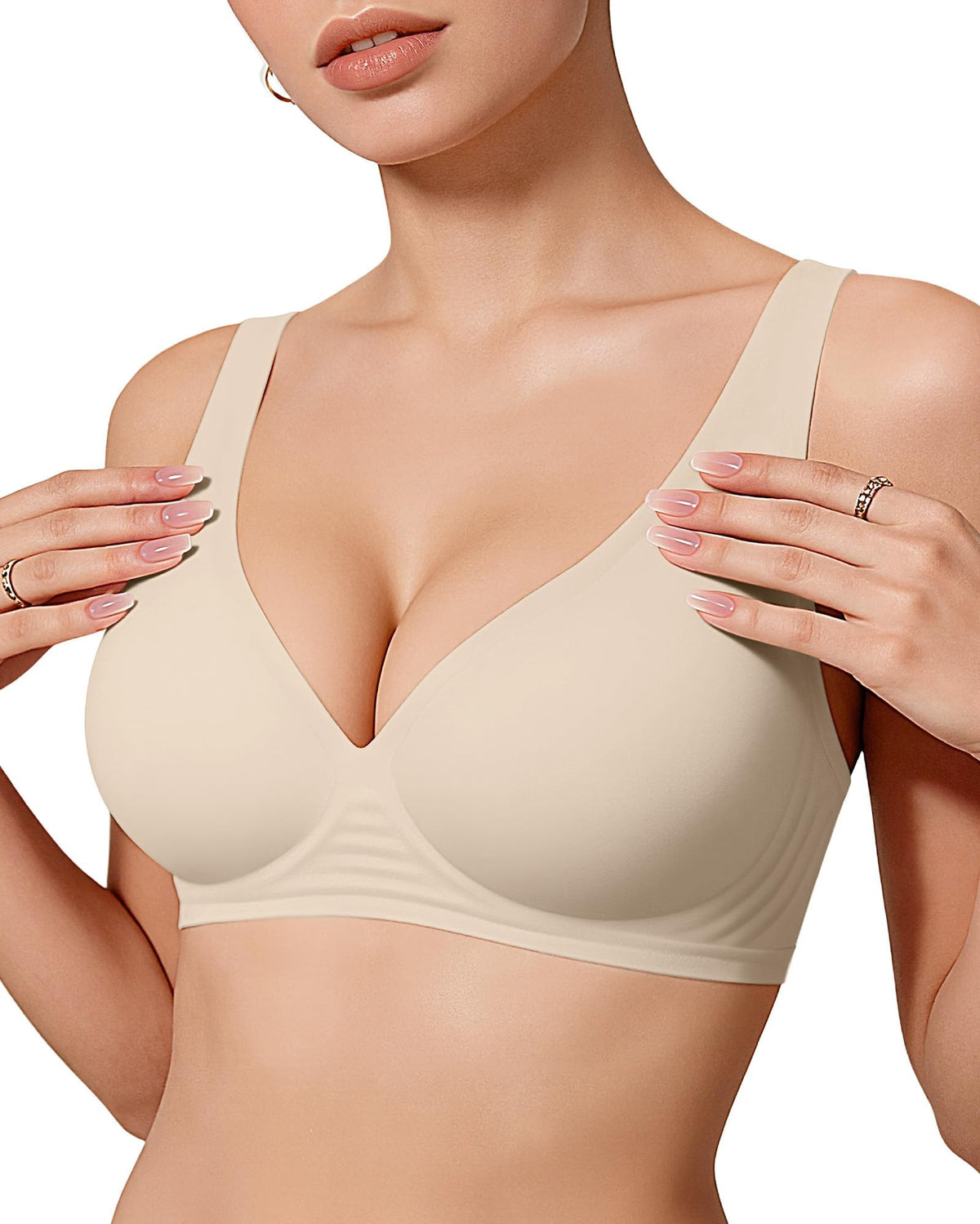 Detail view of the bralette's soft cup padding and smooth outer fabric